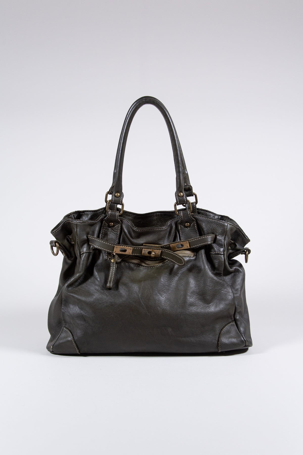 DARK GREEN LEATHER BELTED SLOUCHY TRAVEL BAG