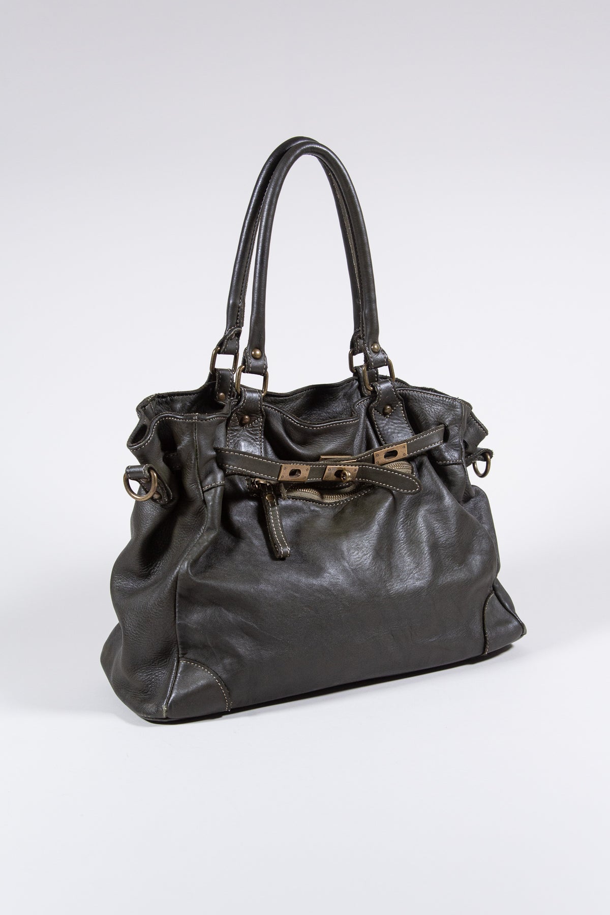 DARK GREEN LEATHER BELTED SLOUCHY TRAVEL BAG