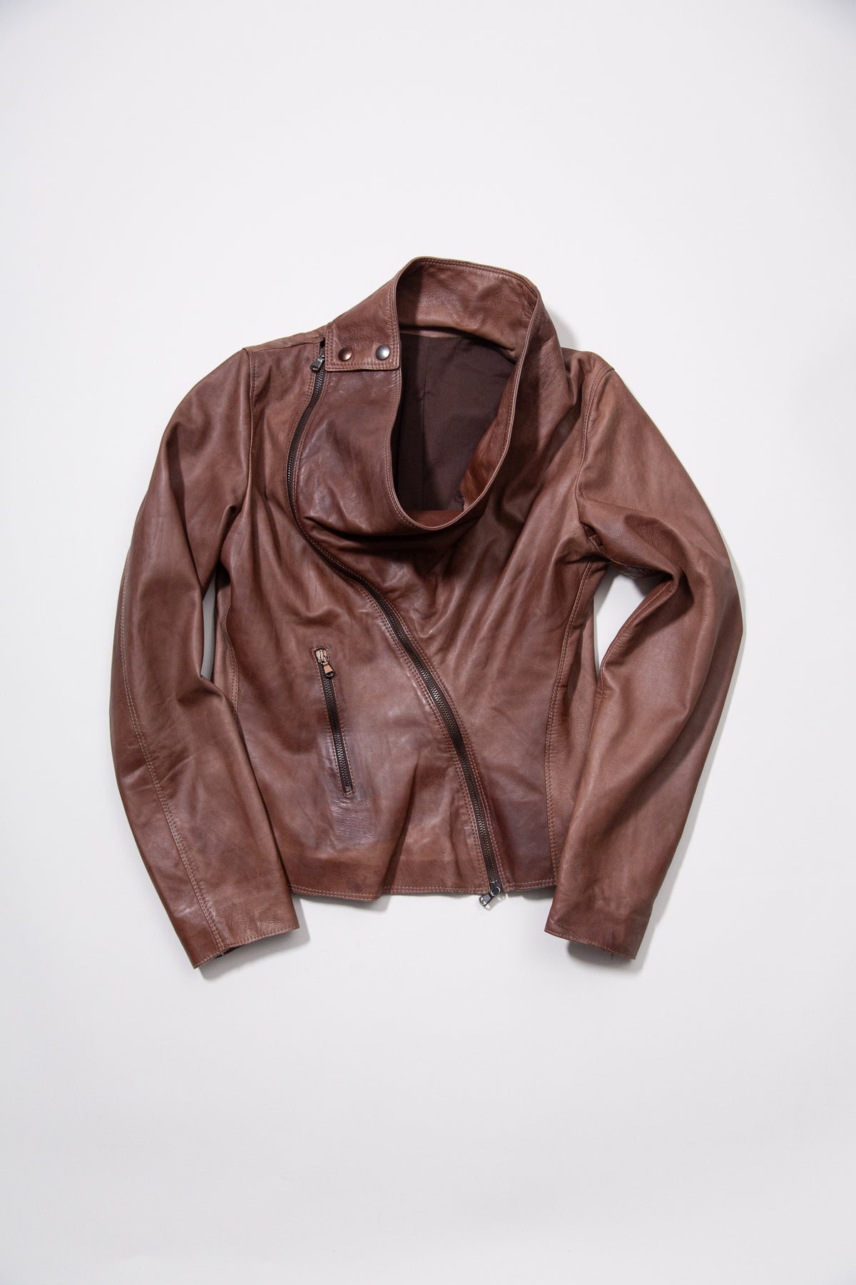 BROWN ASYMMETRIC ZIP LEATHER JACKET