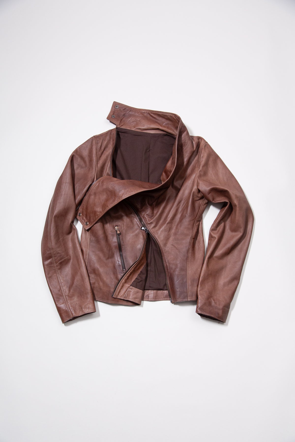 BROWN ASYMMETRIC ZIP LEATHER JACKET