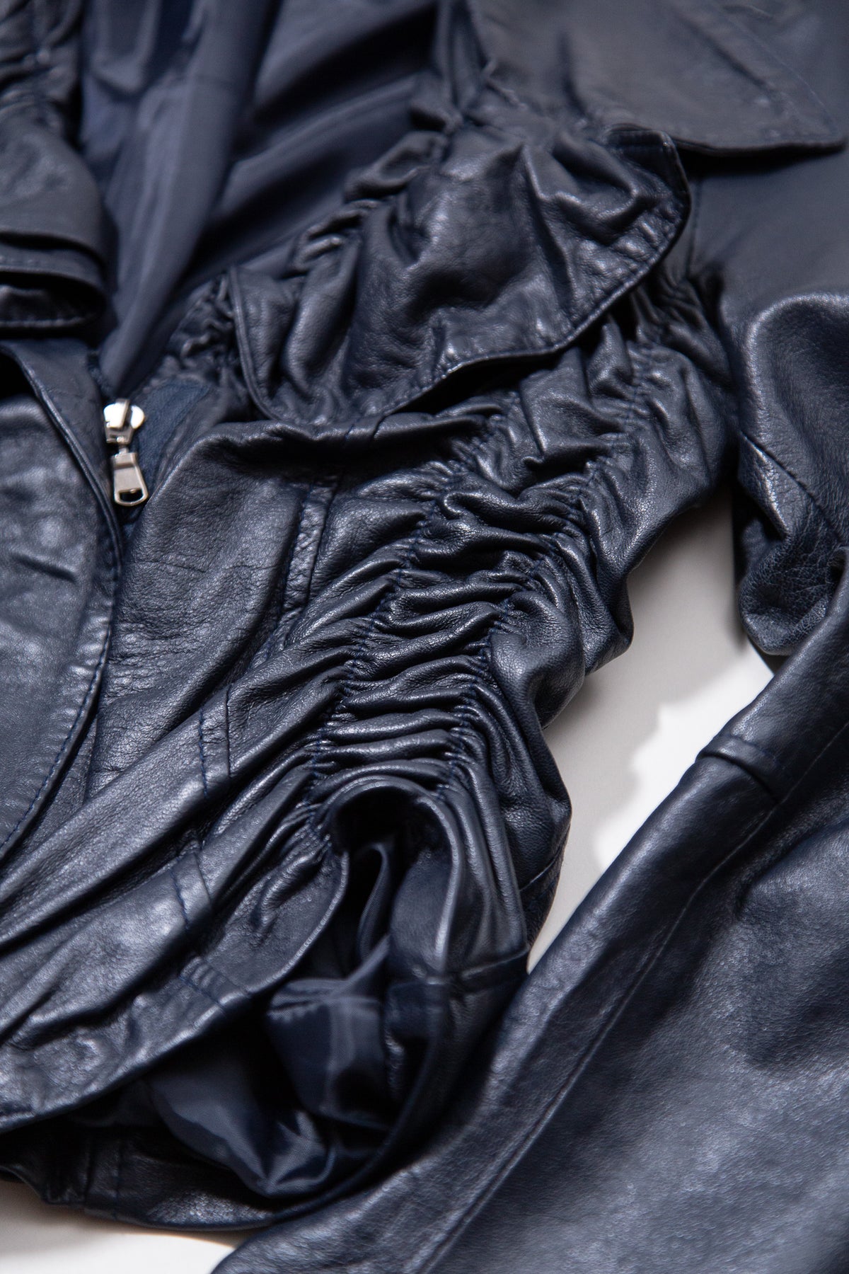 DARK BLUE RUCHED LEATHER JACKET
