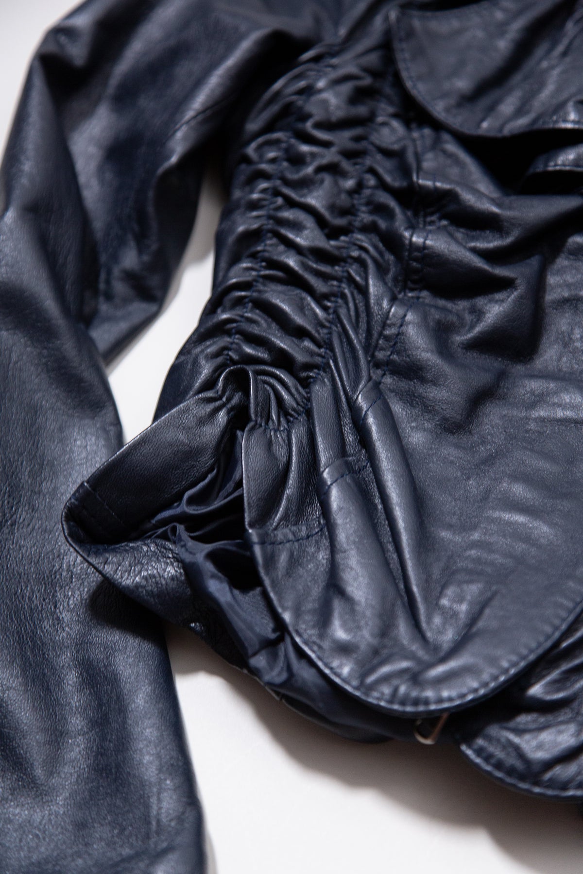 DARK BLUE RUCHED LEATHER JACKET