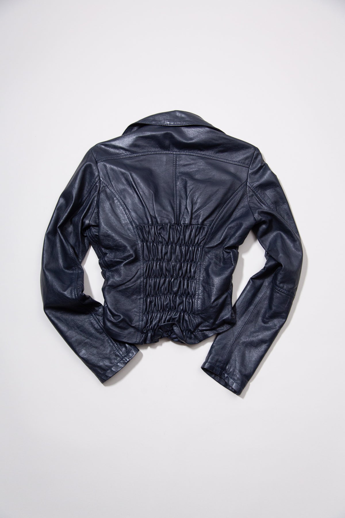 DARK BLUE RUCHED LEATHER JACKET