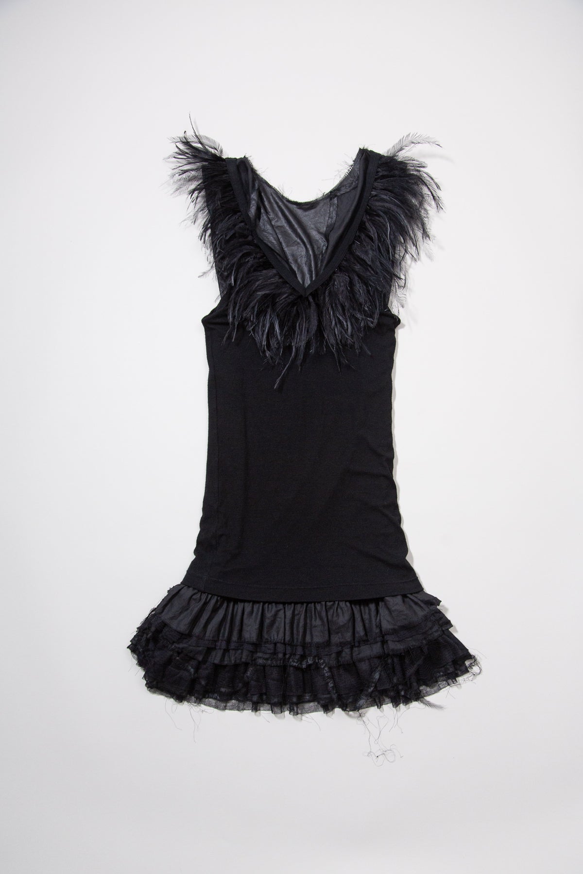 BLACK FEATHER TRIM RUFFLED MINI DRESS