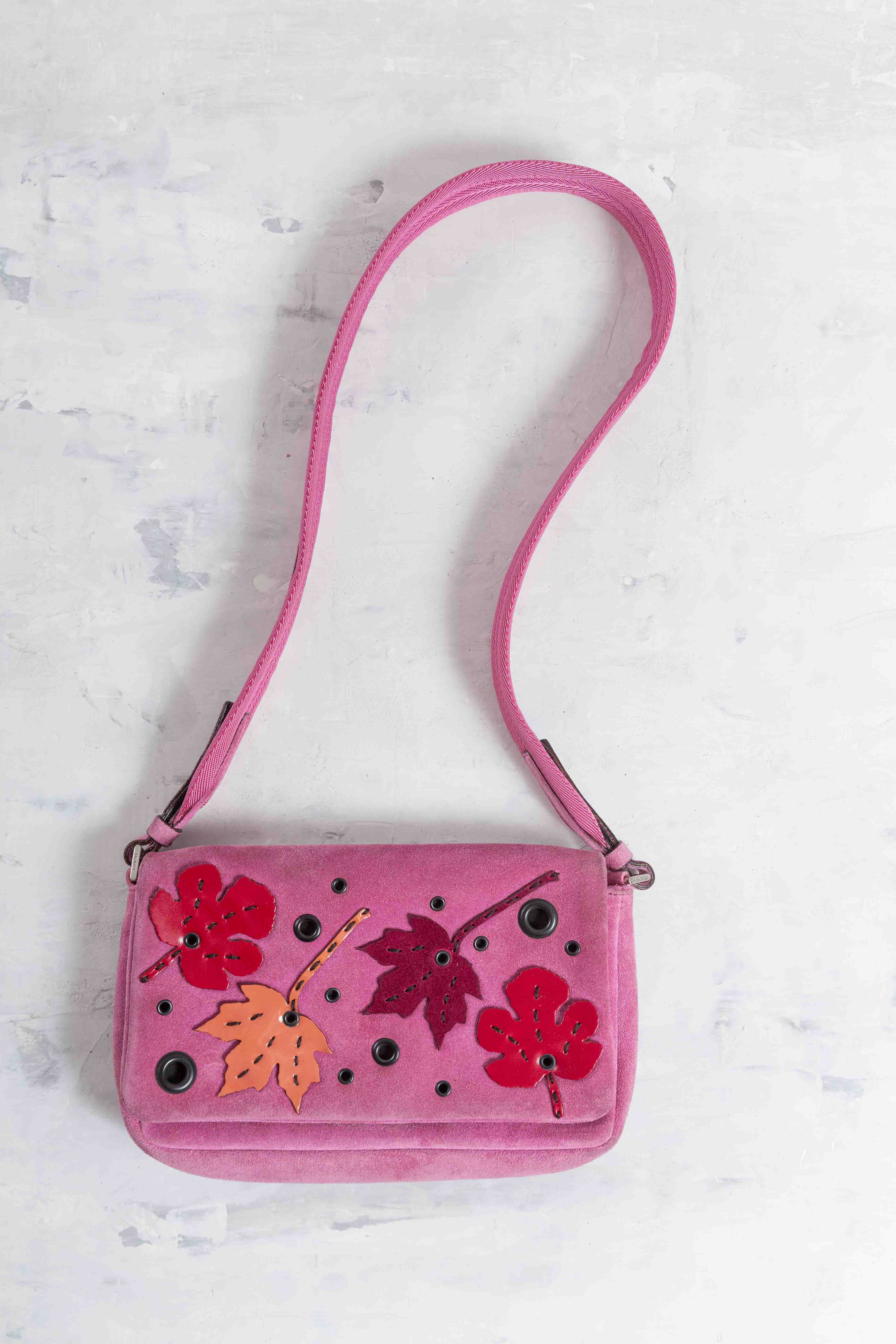 FW1999 LEAVES PINK SUEDE HAND BAG