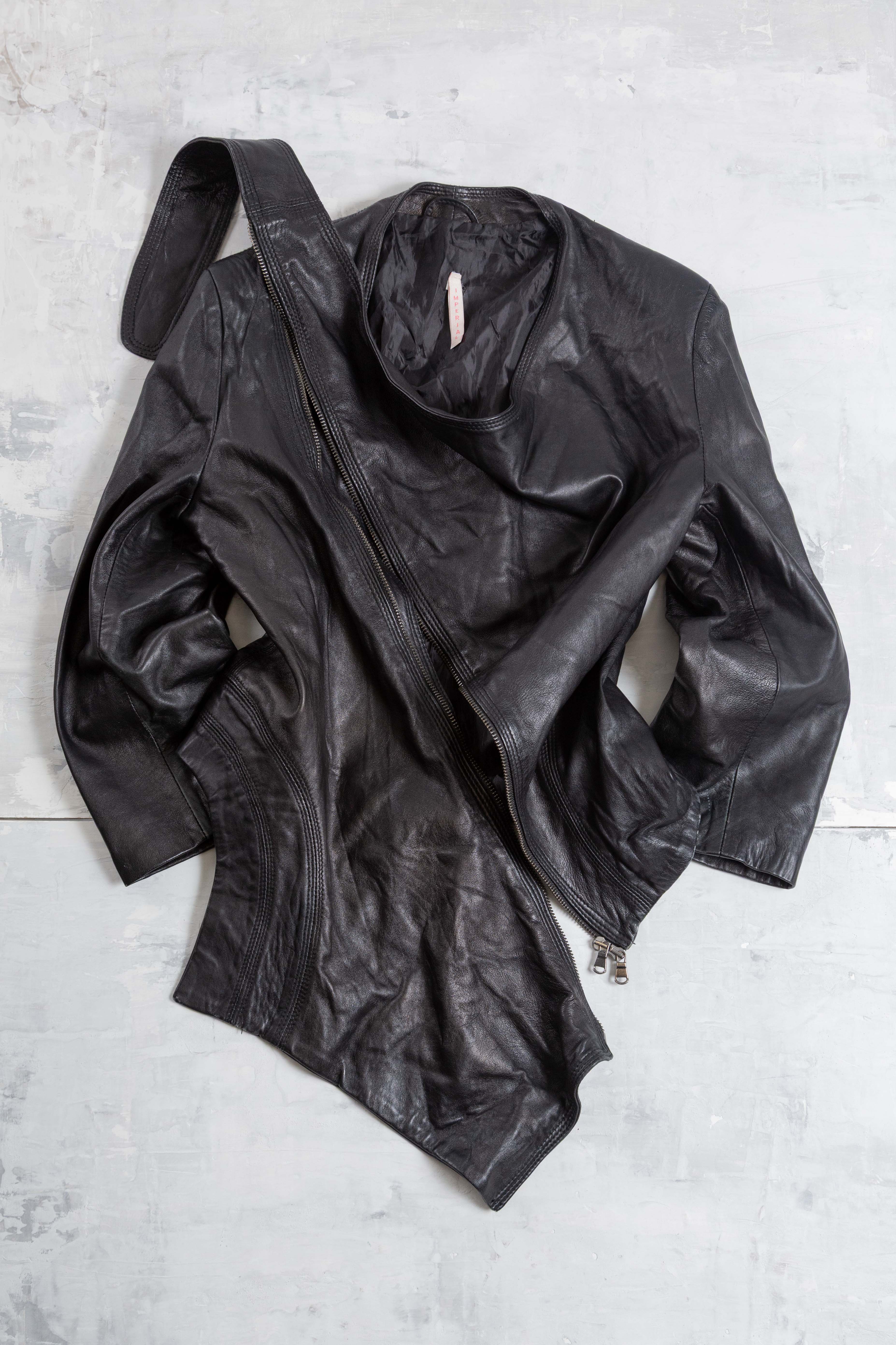ASYMMETRIC DRAPED NECKLINE LEATHER JACKET