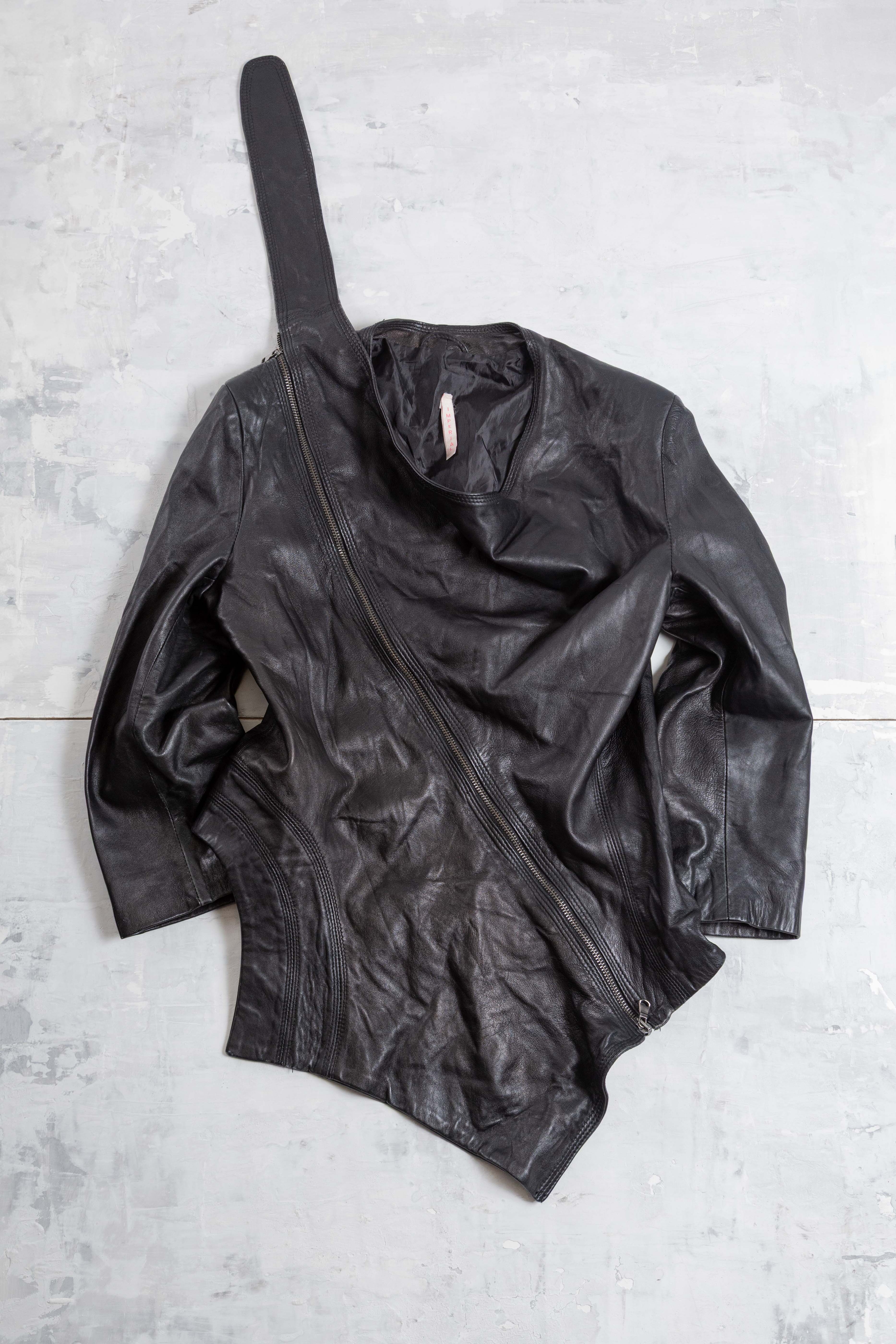 ASYMMETRIC DRAPED NECKLINE LEATHER JACKET