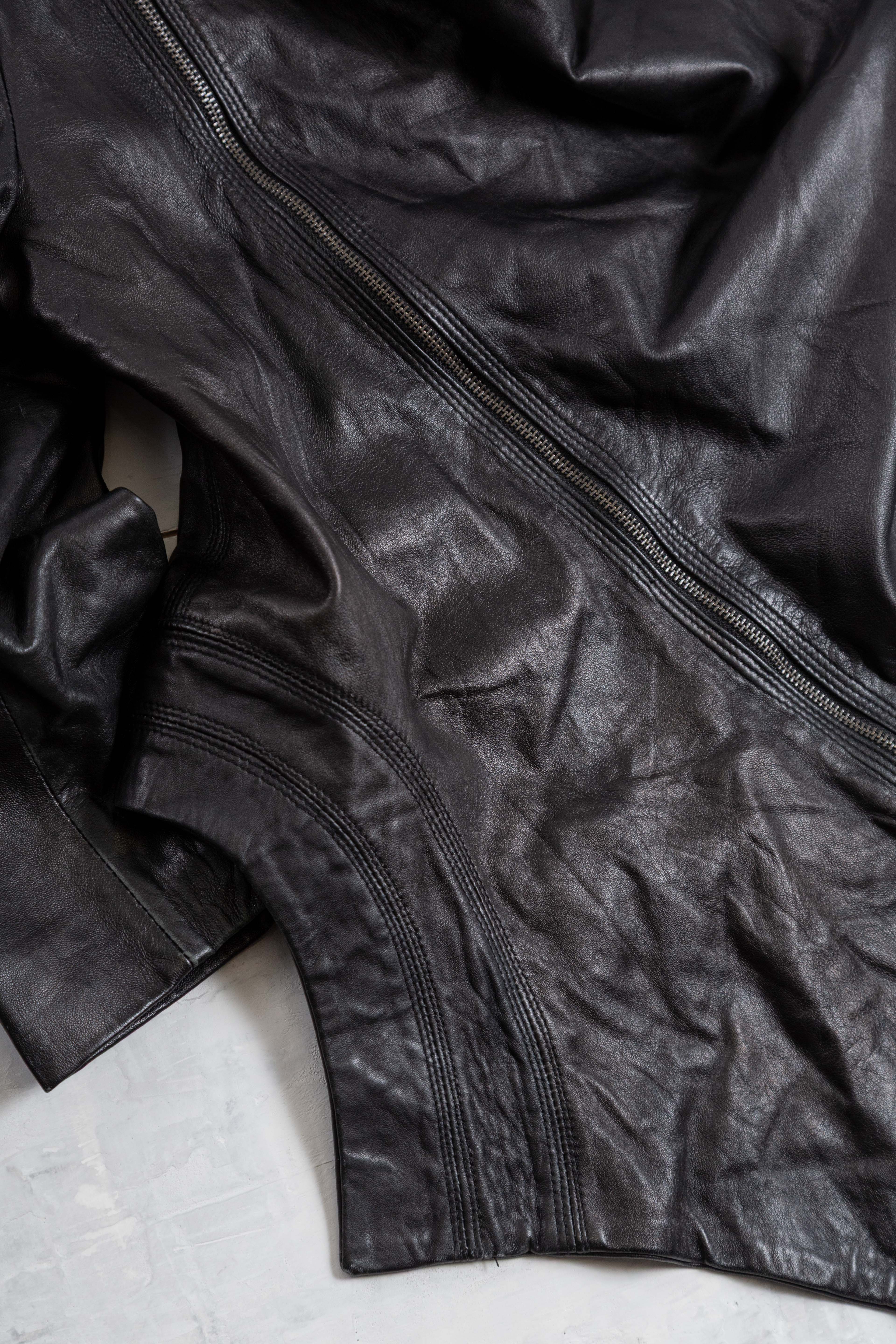 ASYMMETRIC DRAPED NECKLINE LEATHER JACKET