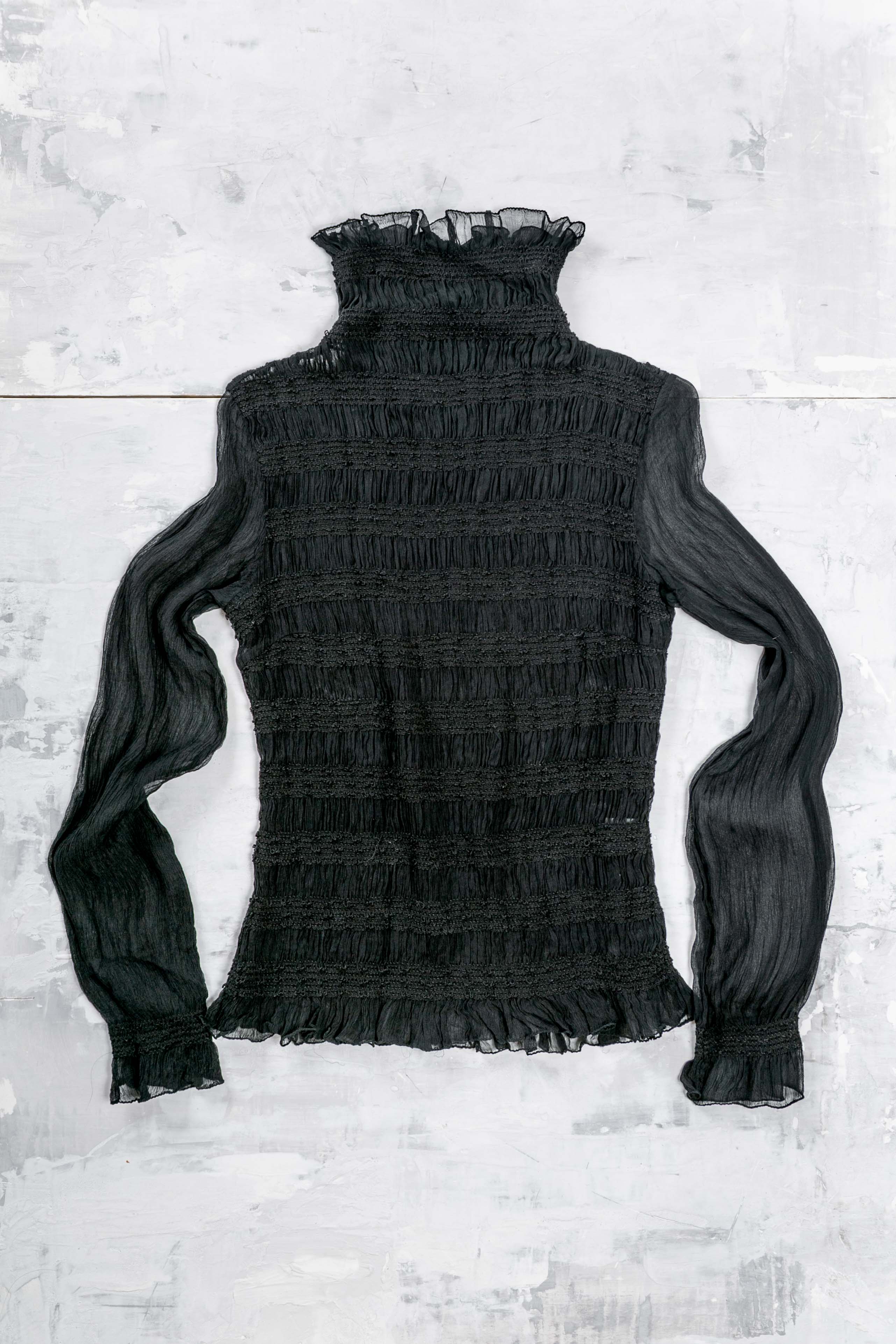 SILK RUCHED LONG SLEEVED SHEER TOP
