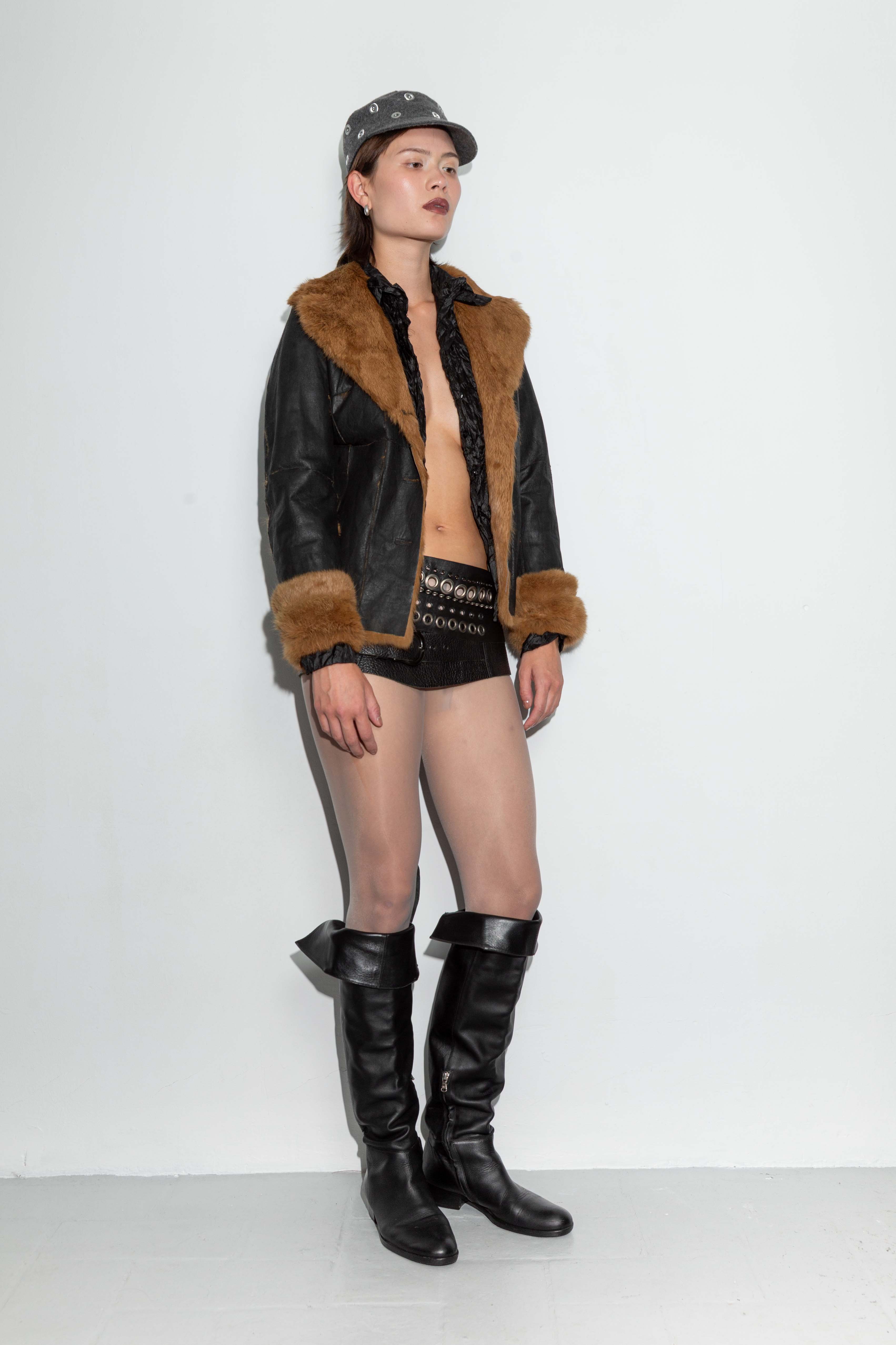 BLACK FUR PATCHED LEATHER COAT