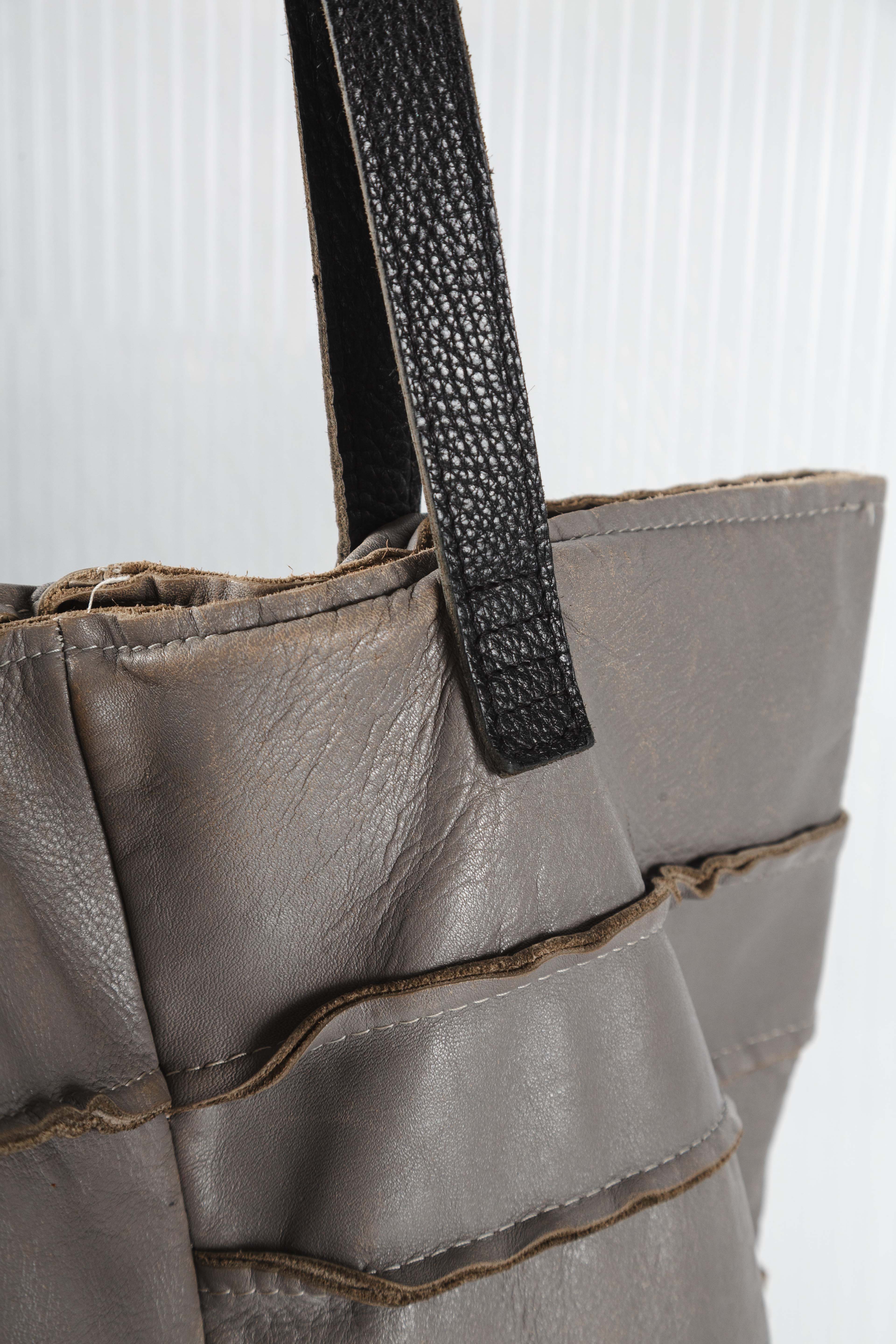 GREY DISTRESSED PATCHED LEATHER TOTEBAG