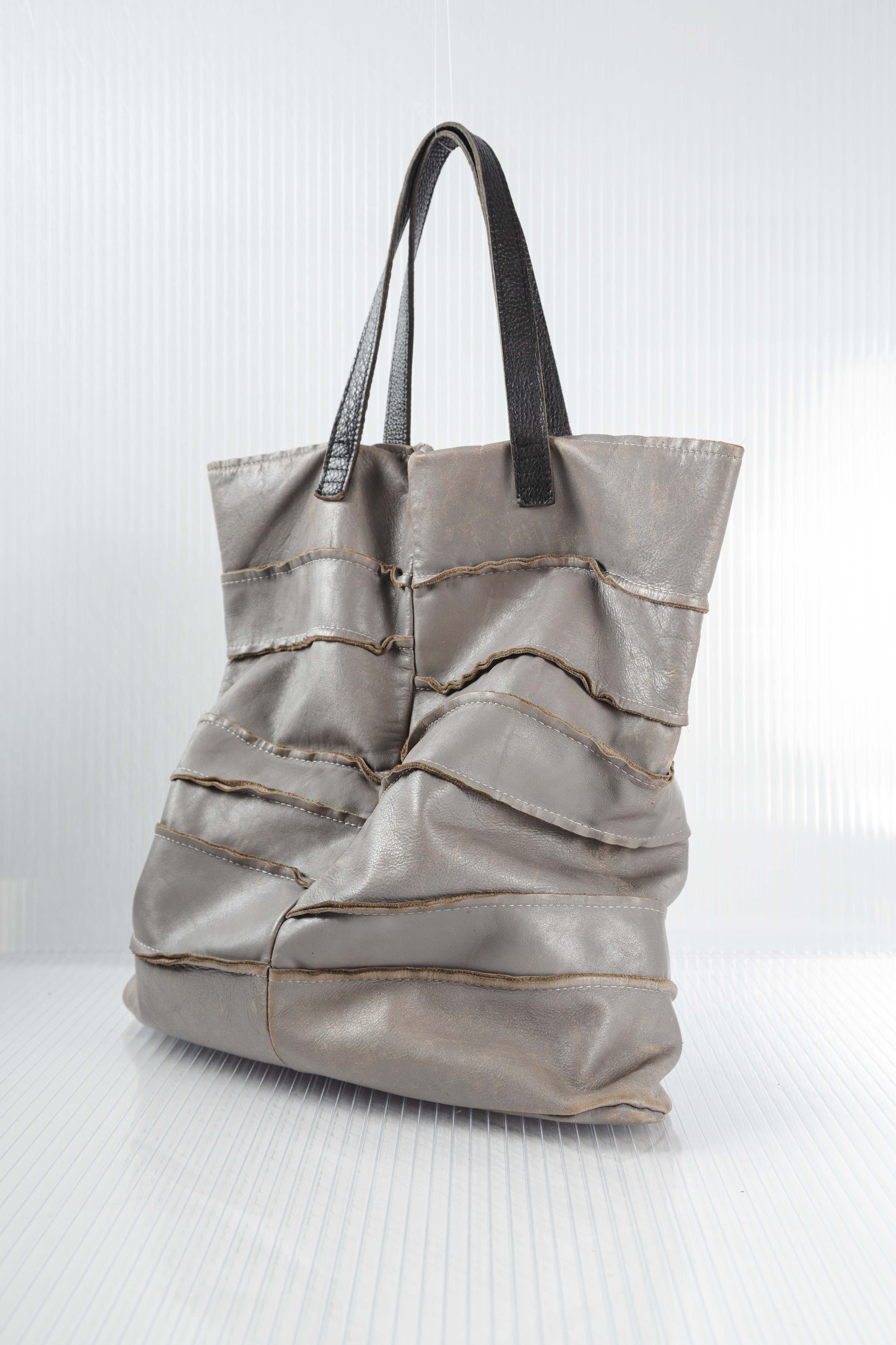 GREY DISTRESSED PATCHED LEATHER TOTEBAG