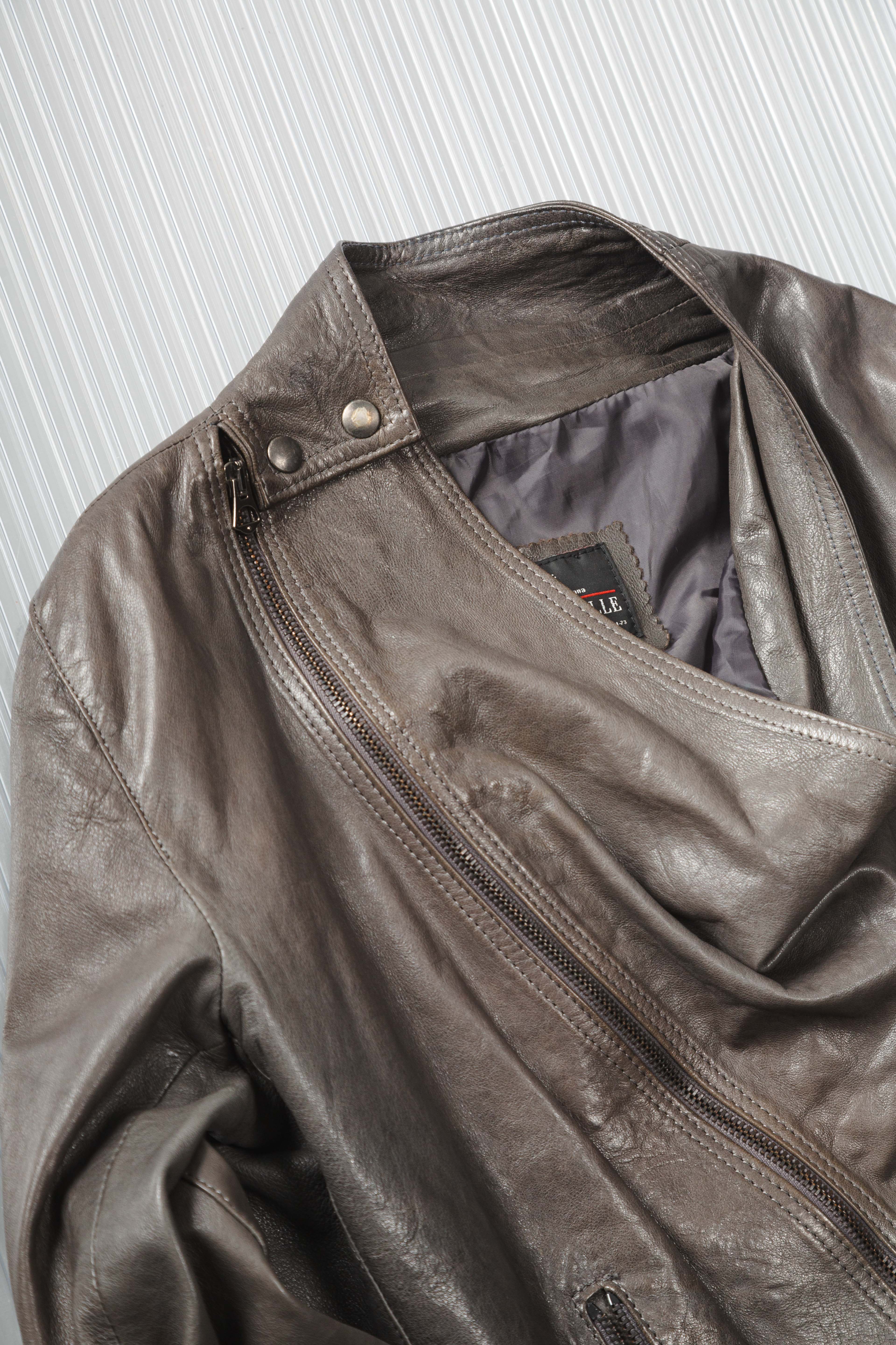 DARK GREY ASYMMETRIC DRAIPED LEATHER JACKET