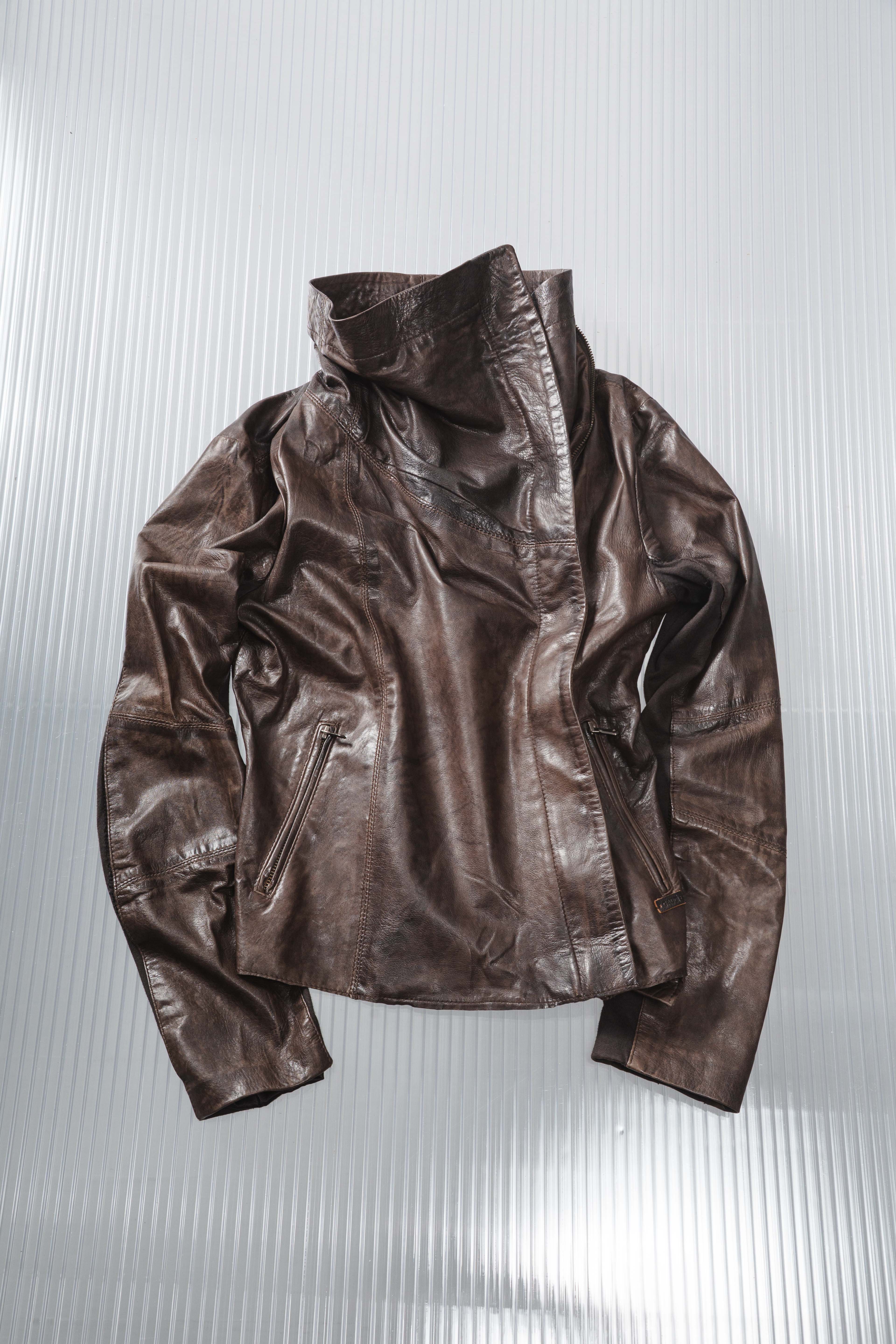 BROWN ASYMMETRIC DISTRESSED LEATHER JACKET