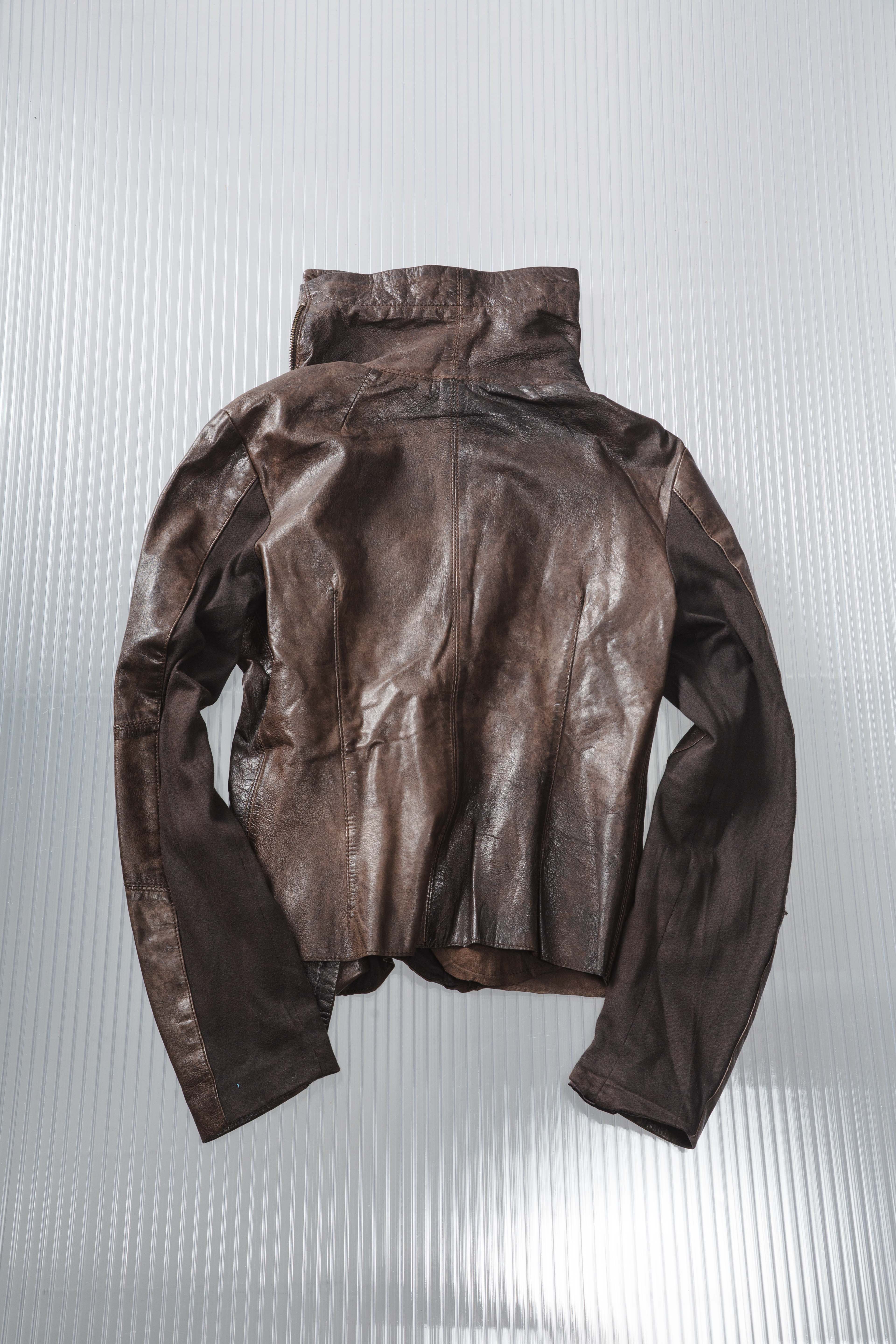 BROWN ASYMMETRIC DISTRESSED LEATHER JACKET