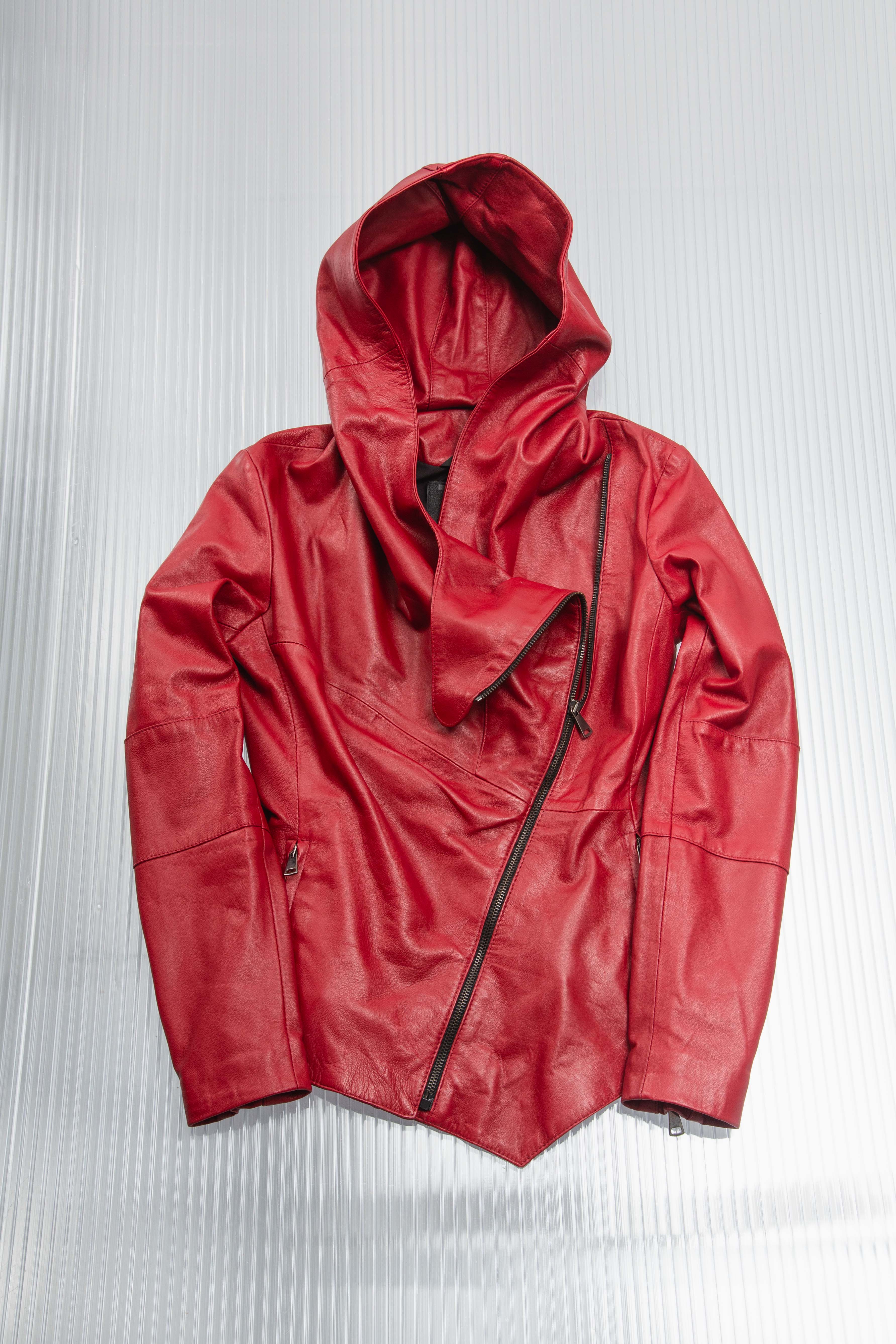 RED ASYMMETRIC DRAPED HODDED LEATHER JACKET