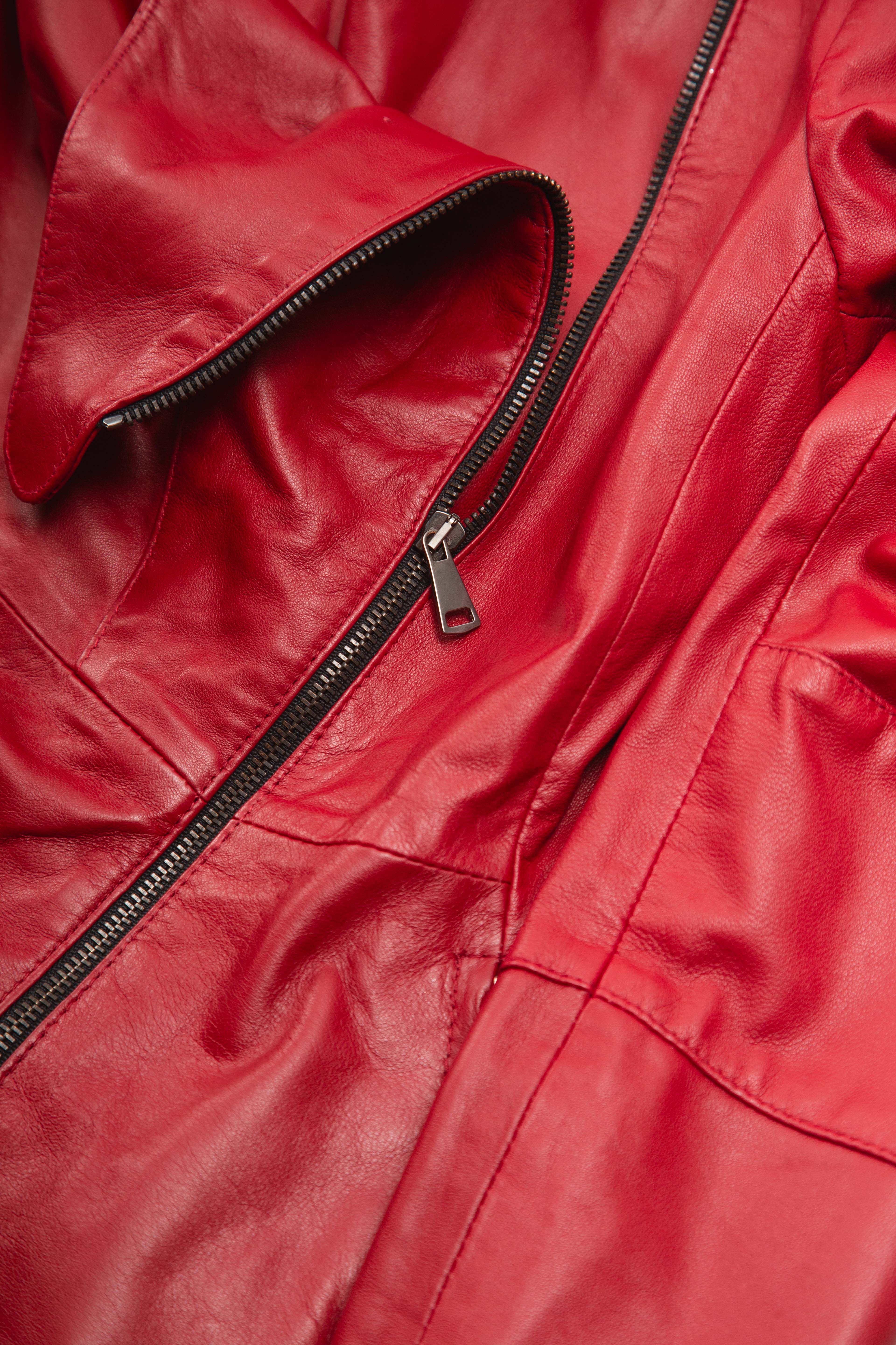 RED ASYMMETRIC DRAPED HODDED LEATHER JACKET
