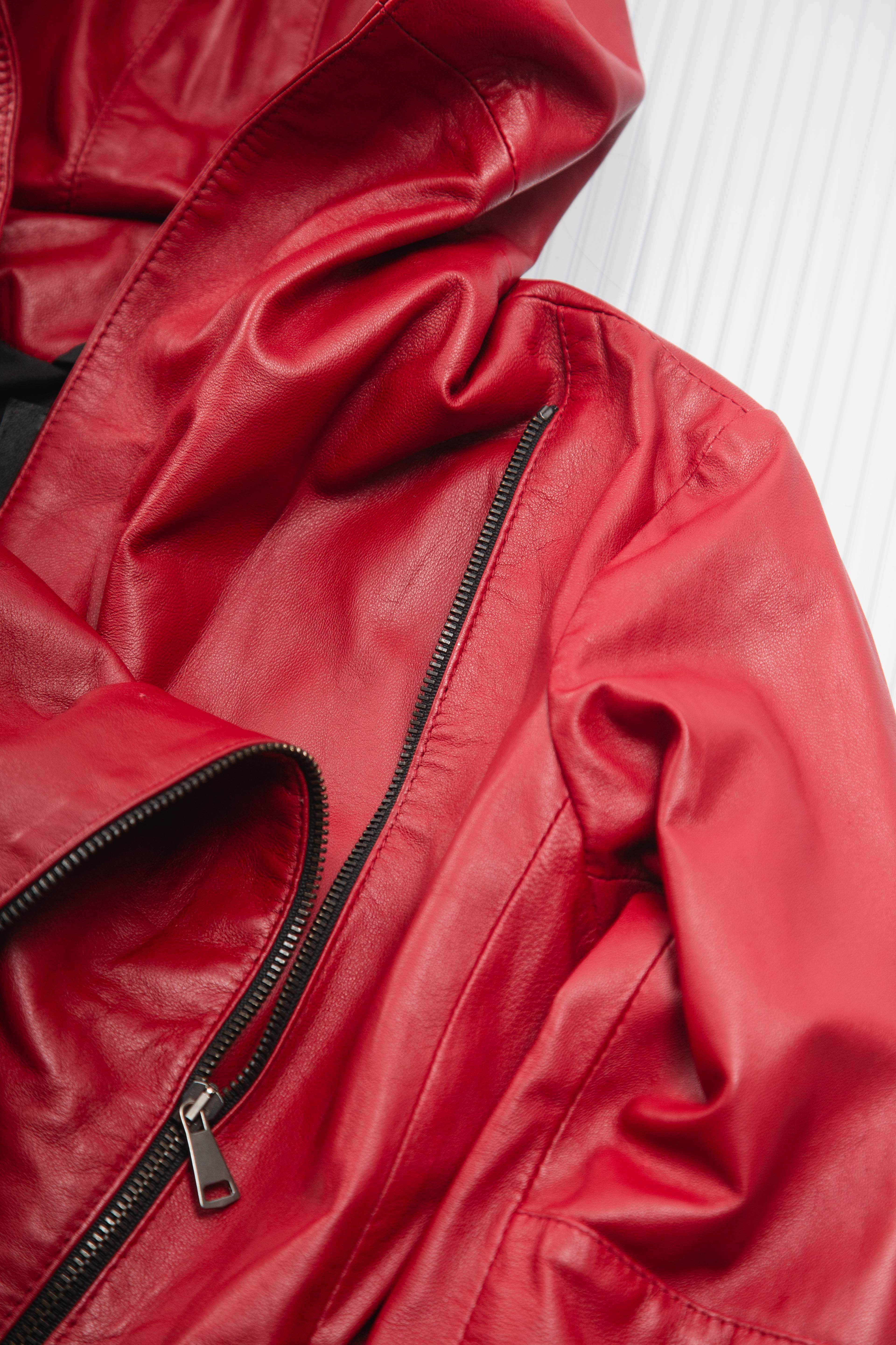RED ASYMMETRIC DRAPED HODDED LEATHER JACKET