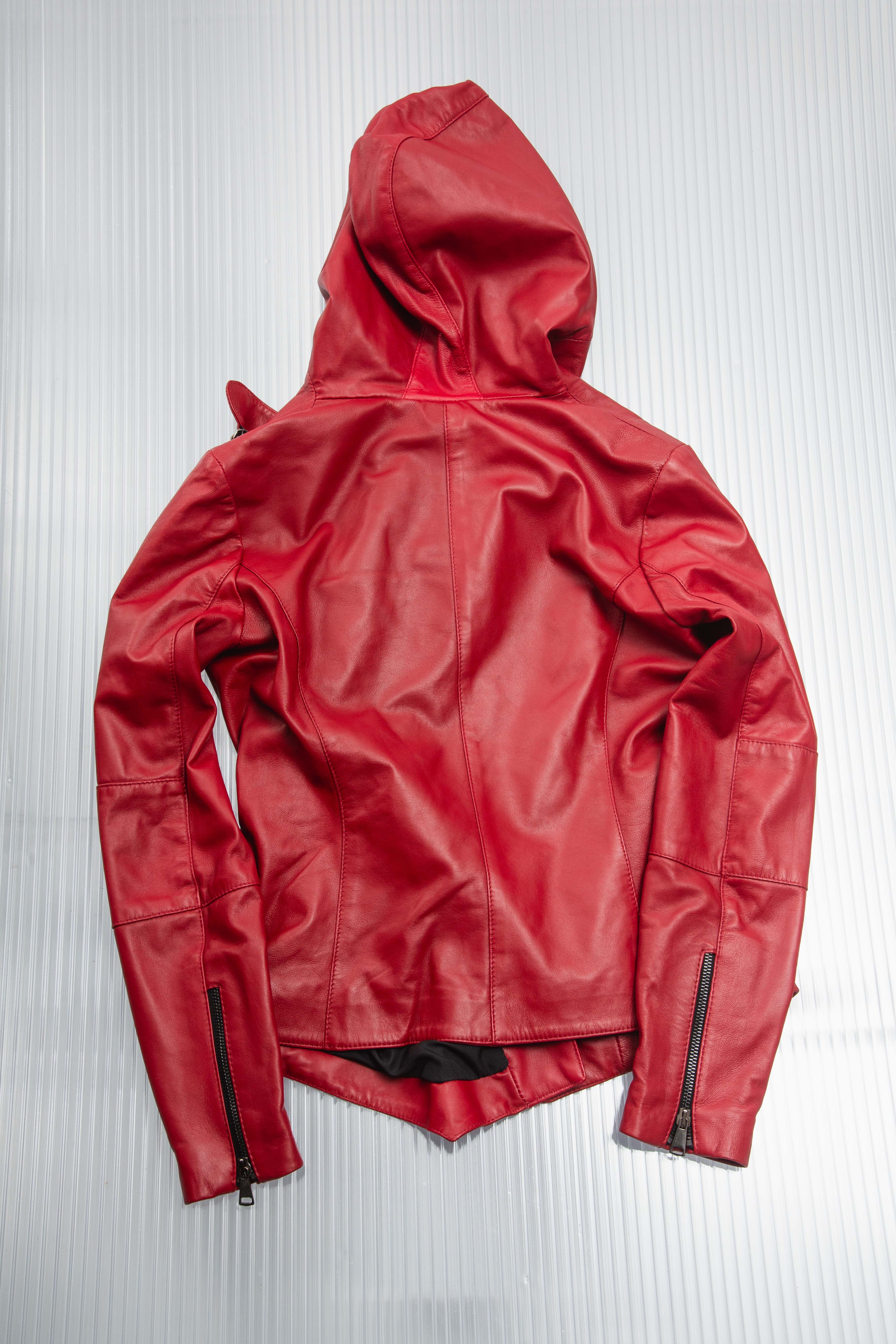 RED ASYMMETRIC DRAPED HODDED LEATHER JACKET