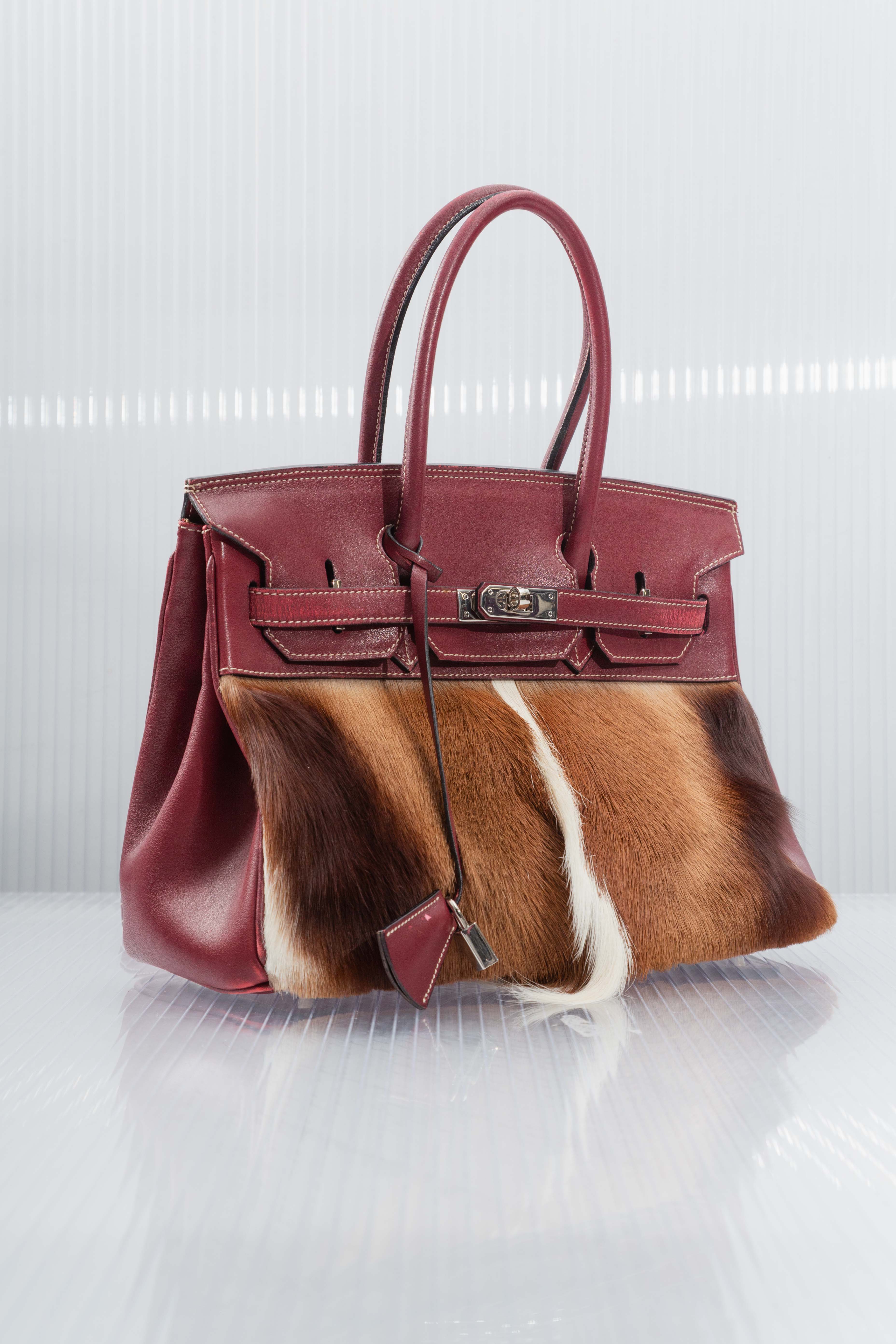 RED LEATHER FUR FIRKIN HANDBAG