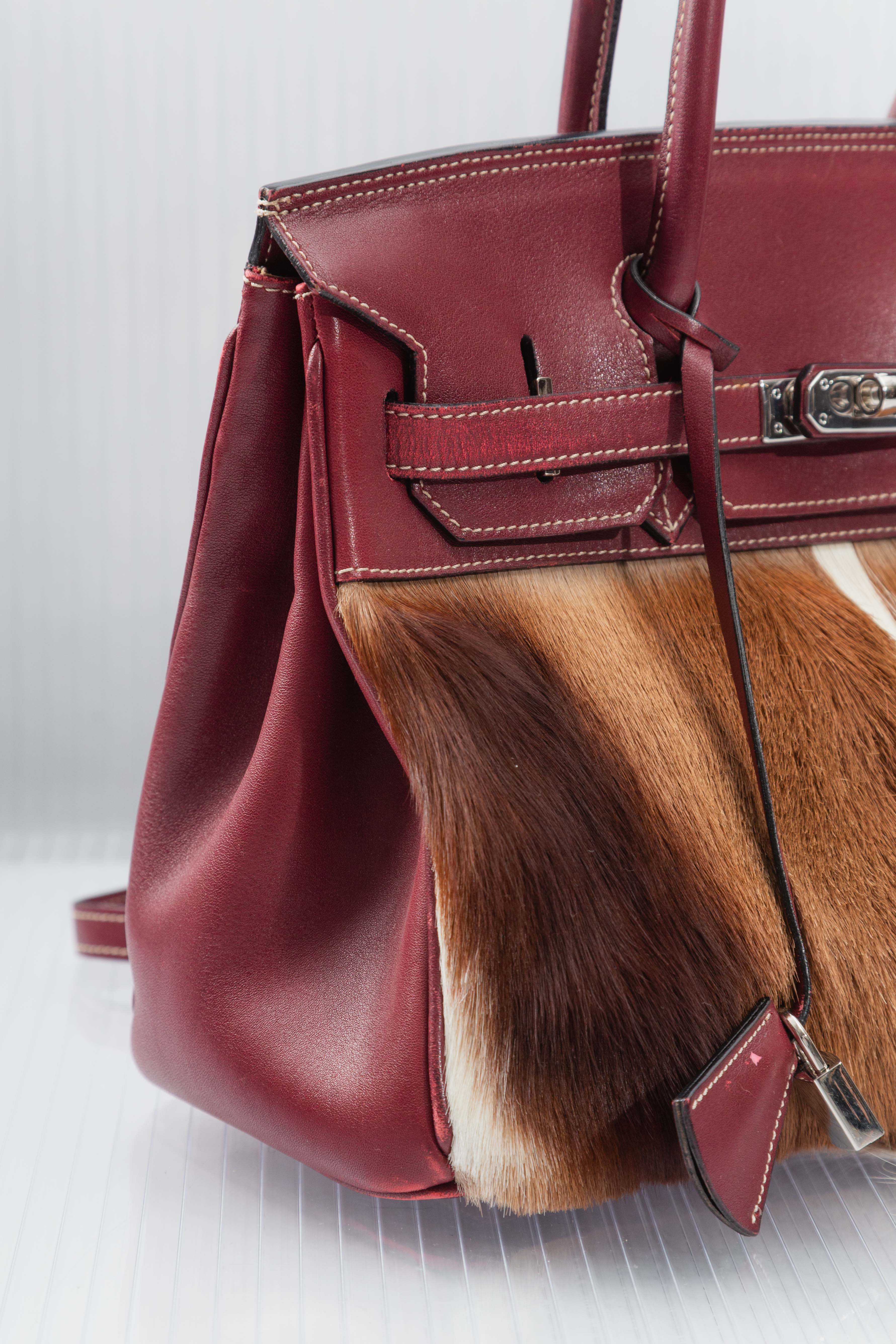 RED LEATHER FUR FIRKIN HANDBAG