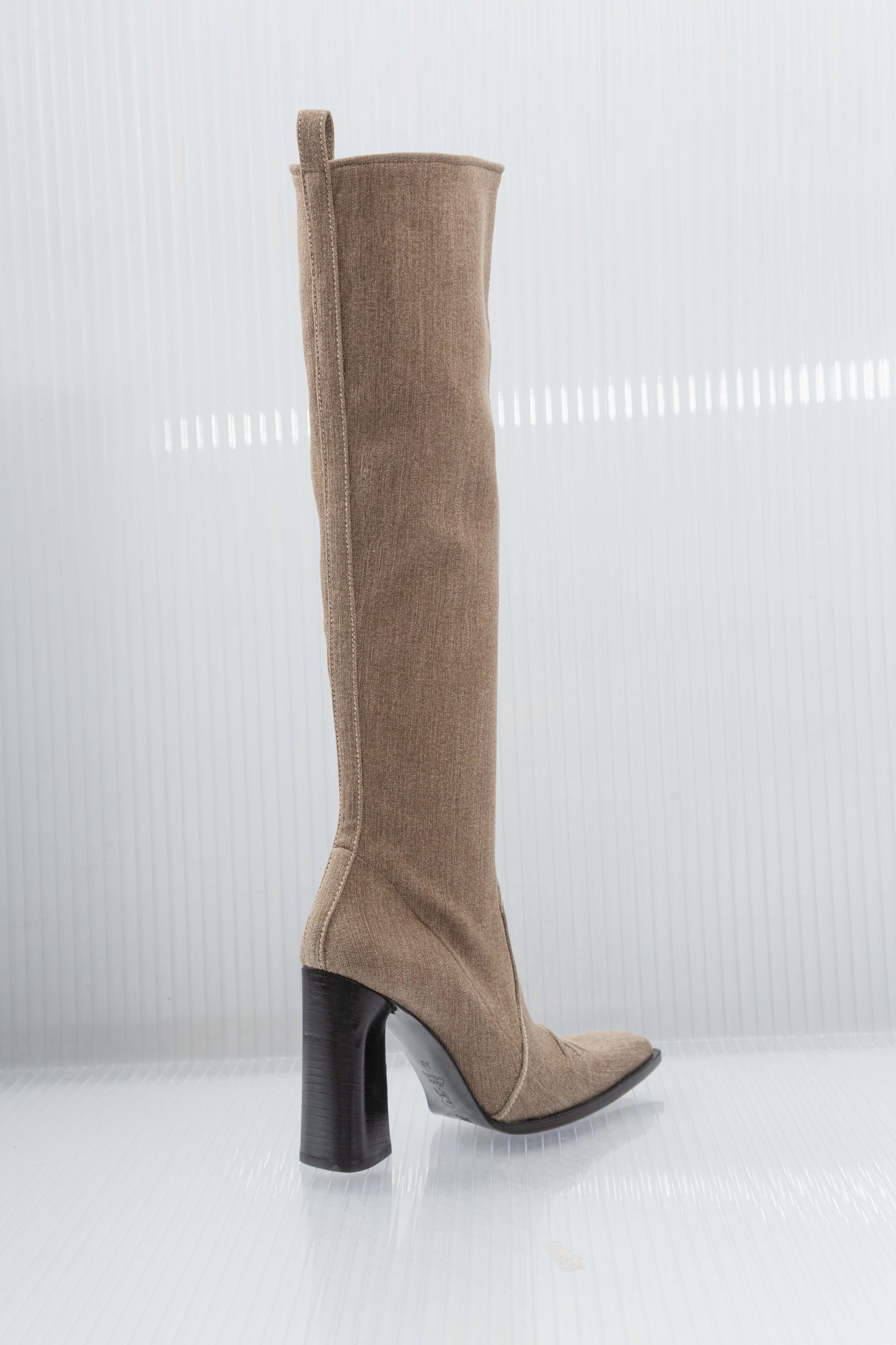 PLEIN SUD TAN DENIM HEELS KNEE BOOTS