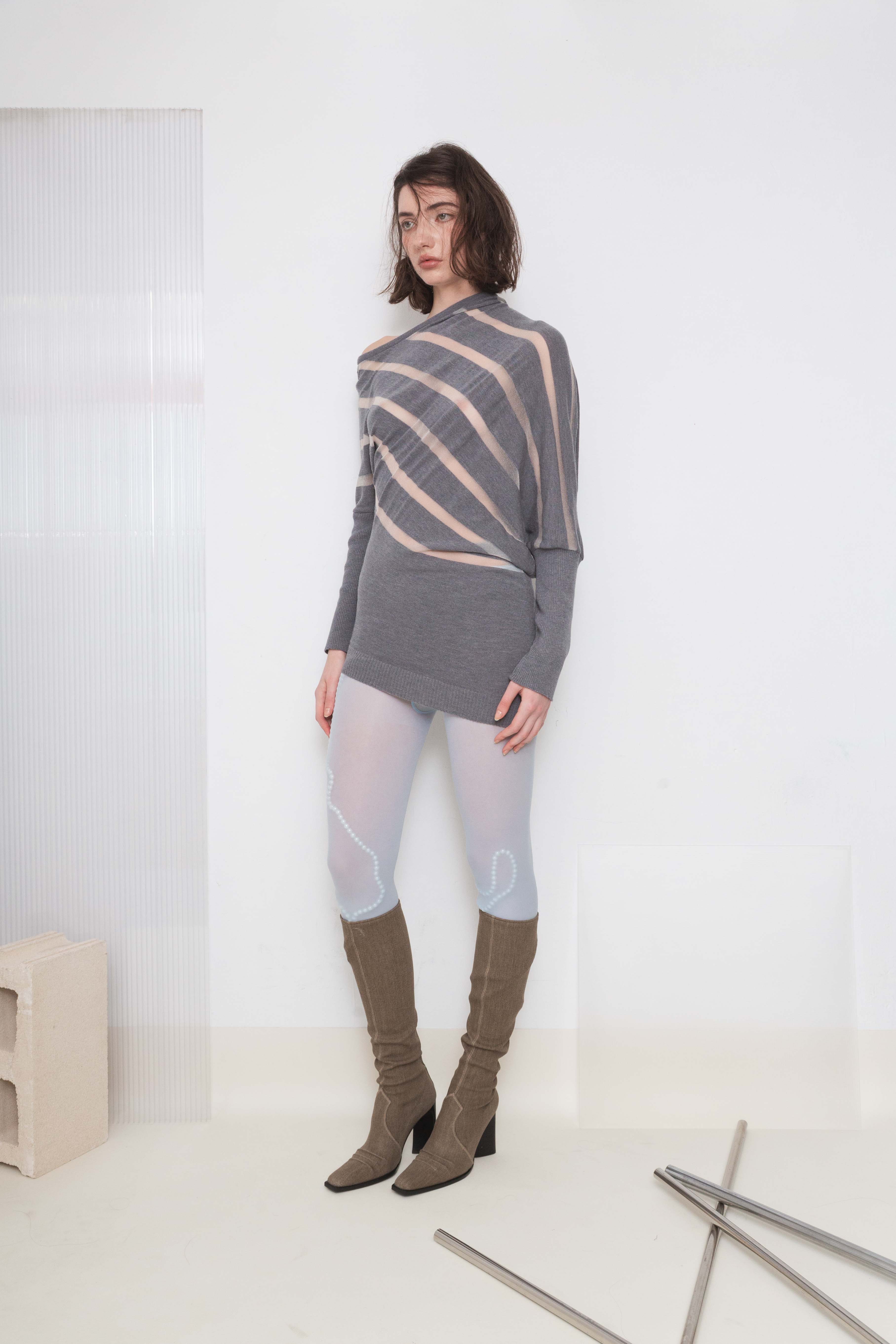 PLEIN SUD TAN DENIM HEELS KNEE BOOTS