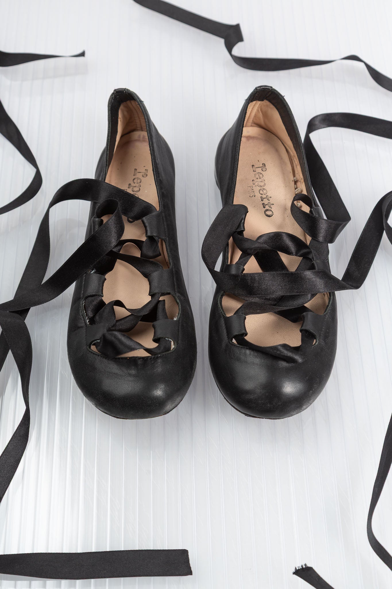 REPETTO BLACK LEATHER LACED-UP BALLERINAS