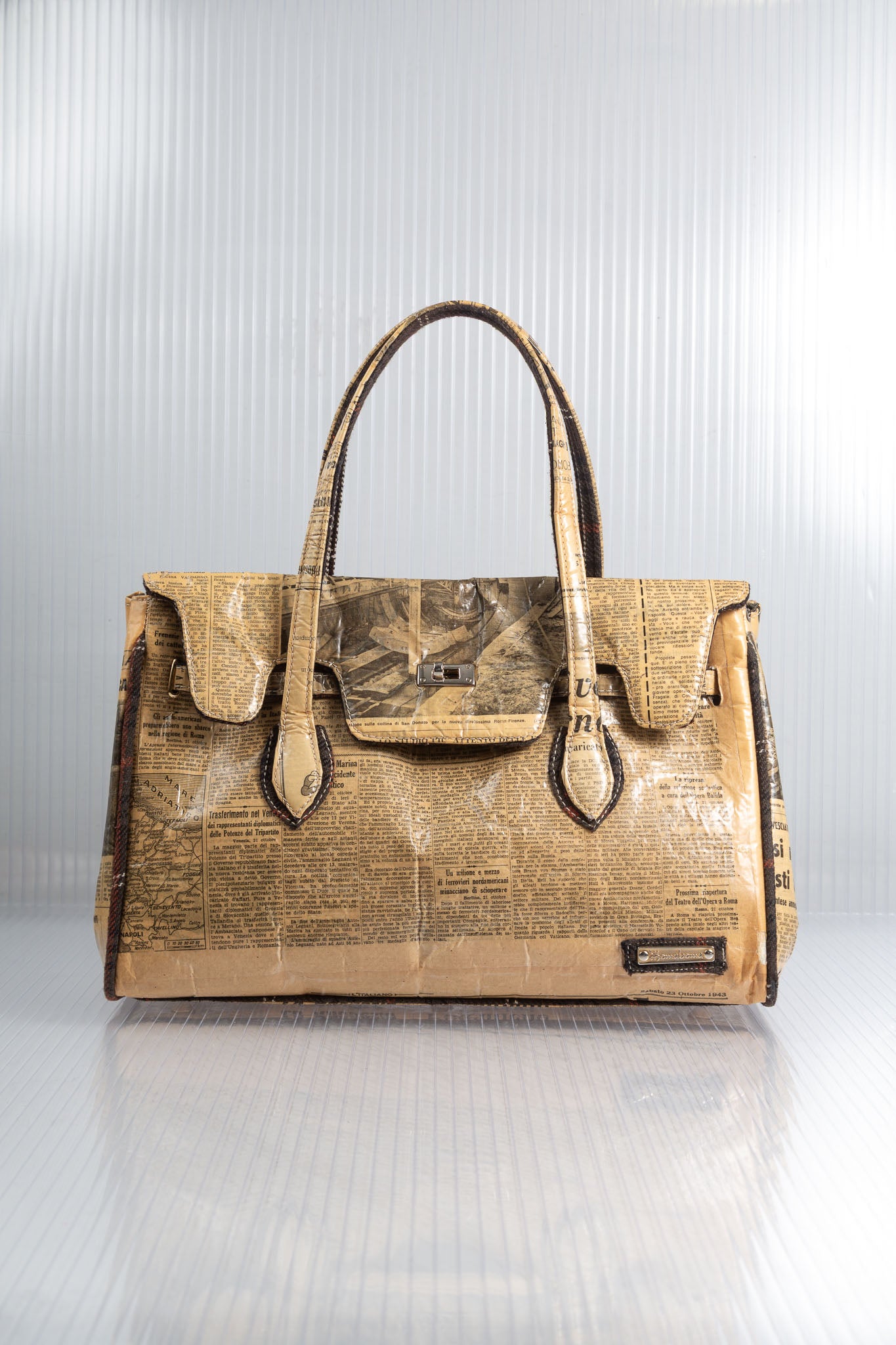 NEWSPAPER SEPIA FIRKIN HANDBAG