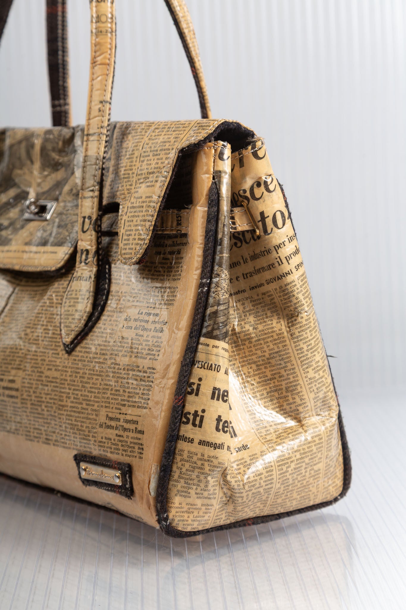 NEWSPAPER SEPIA FIRKIN HANDBAG