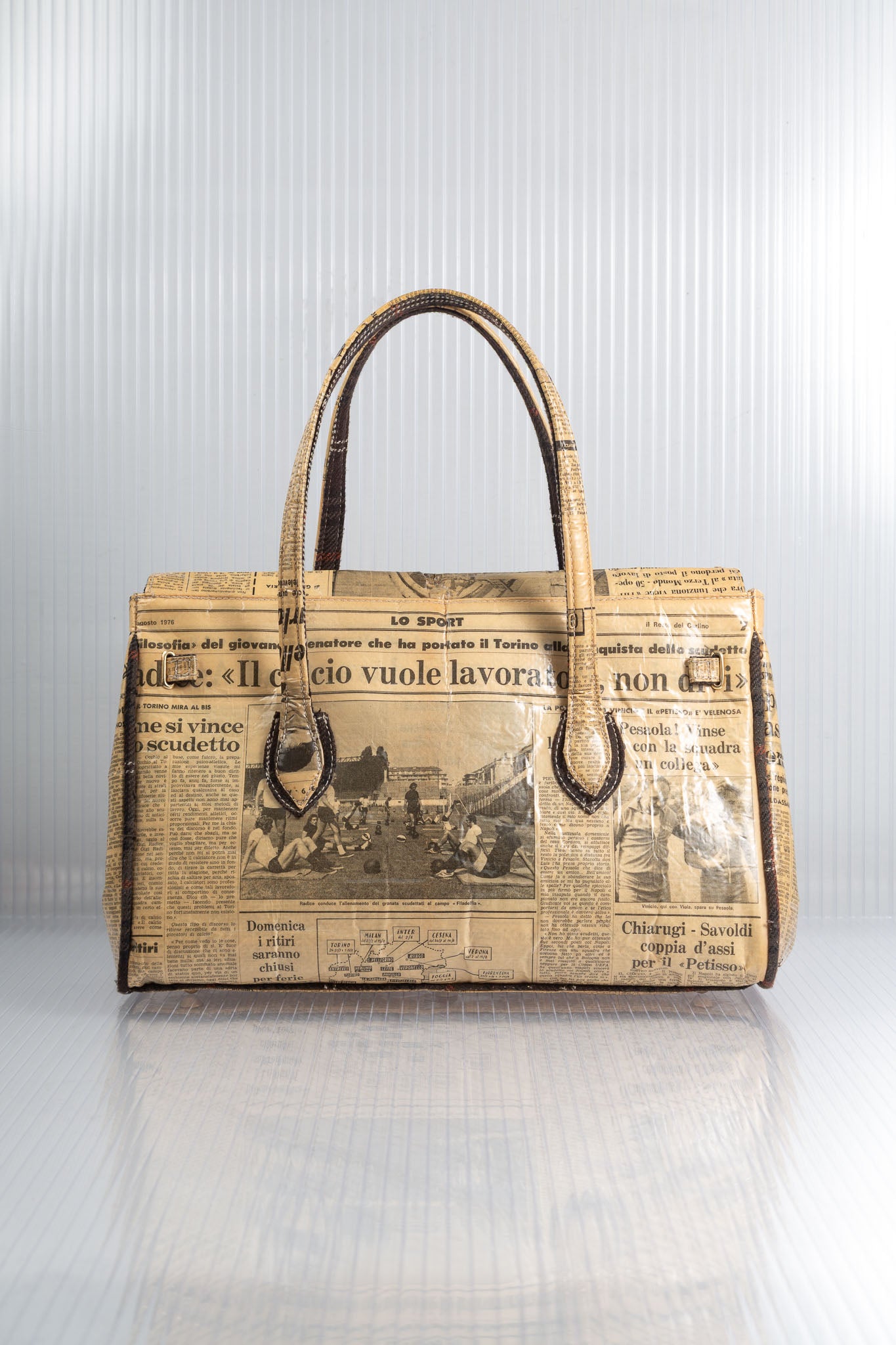 NEWSPAPER SEPIA FIRKIN HANDBAG