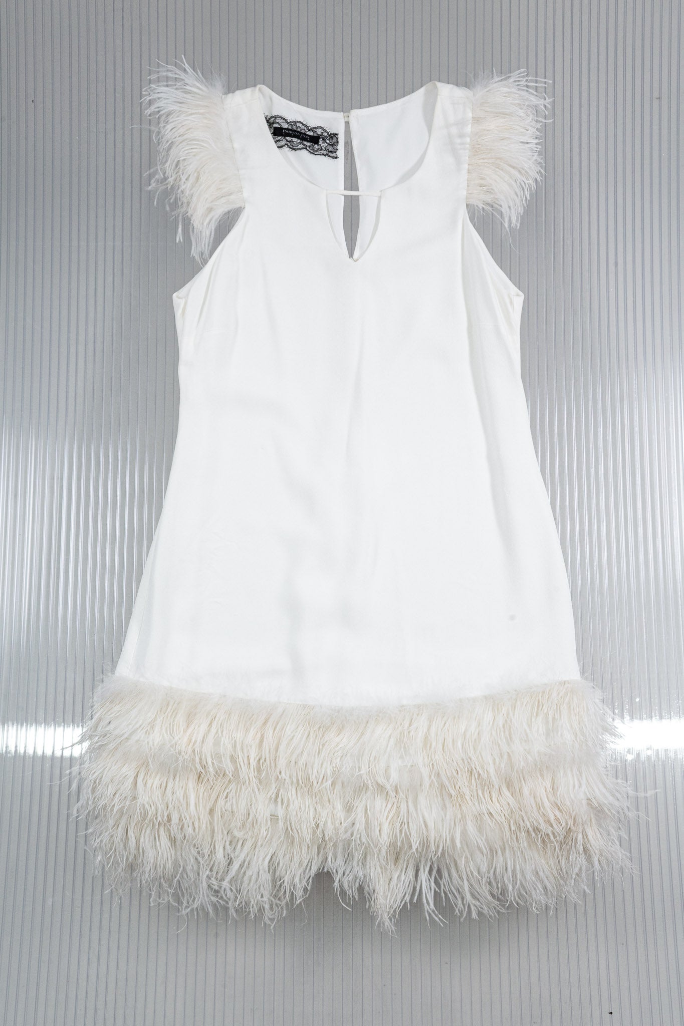 WHITE TRIM FEATHERS DRESS