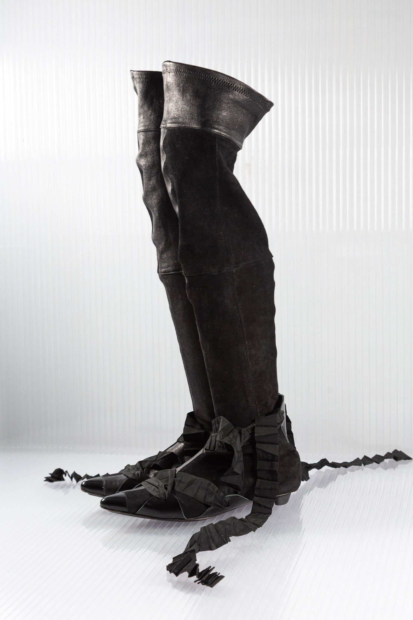 MF+G PLEATED LACED LEATHER HIGH KNEE BOOTS