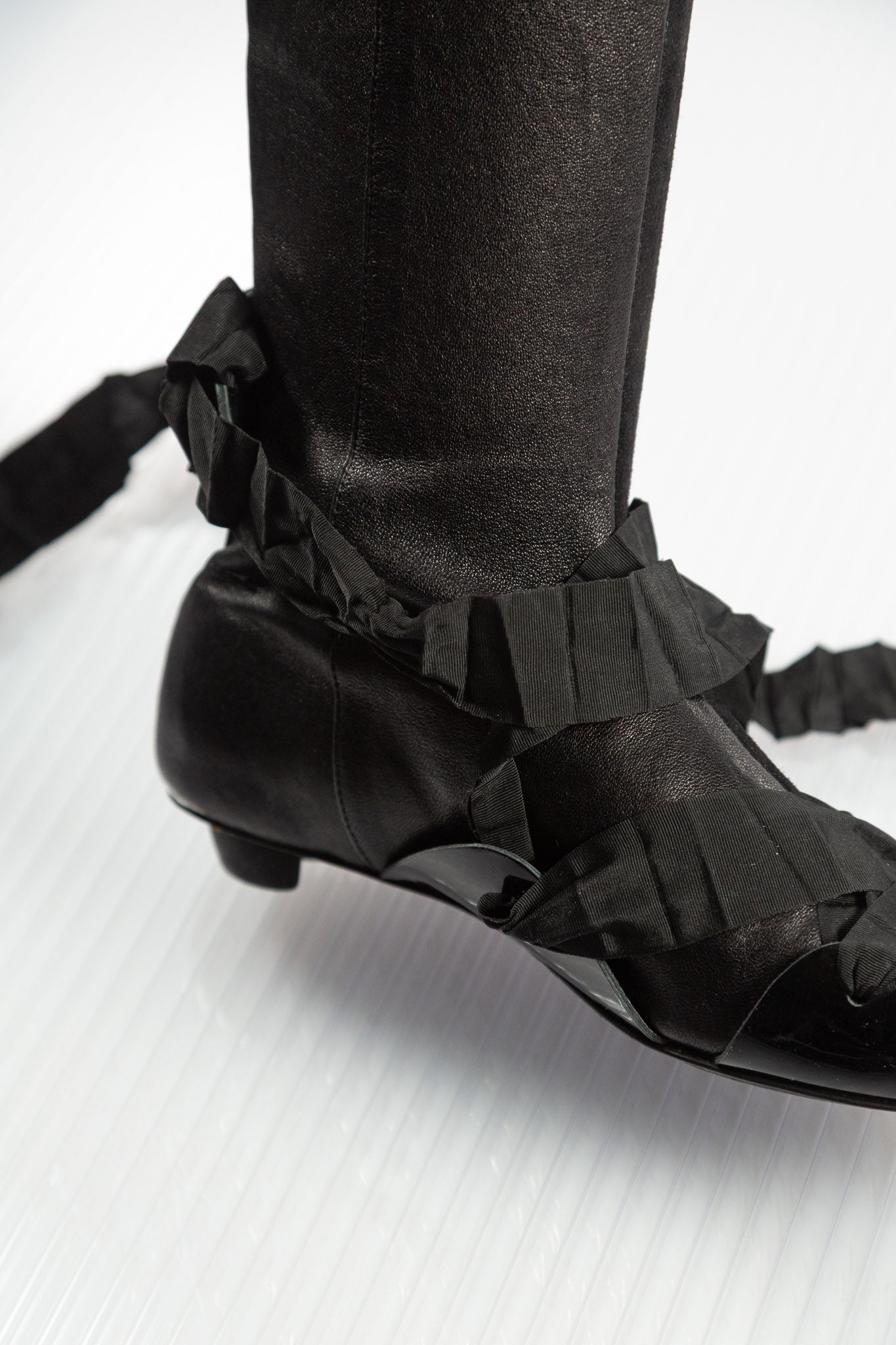 MF+G PLEATED LACED LEATHER HIGH KNEE BOOTS