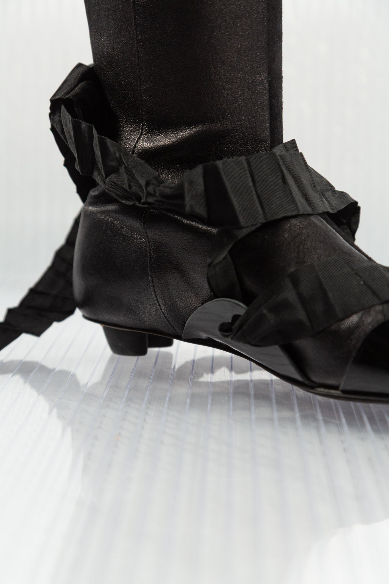 MF+G PLEATED LACED LEATHER HIGH KNEE BOOTS