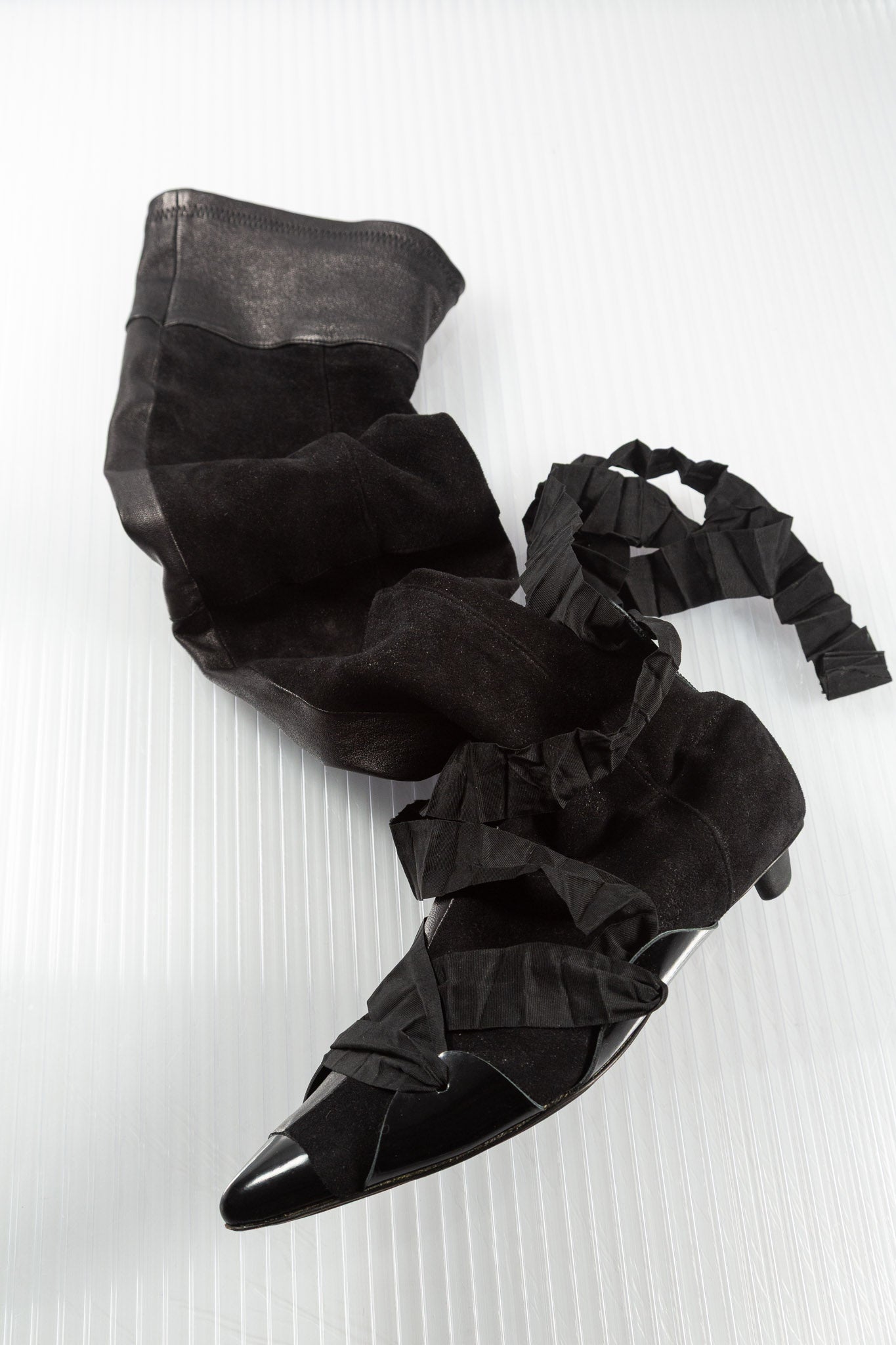 MF+G PLEATED LACED LEATHER HIGH KNEE BOOTS