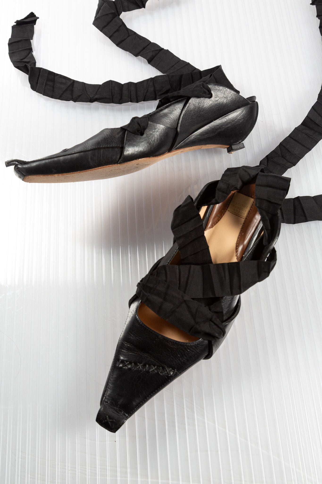 MF+G PLEATED LACED LEATHER POINTY HEELS