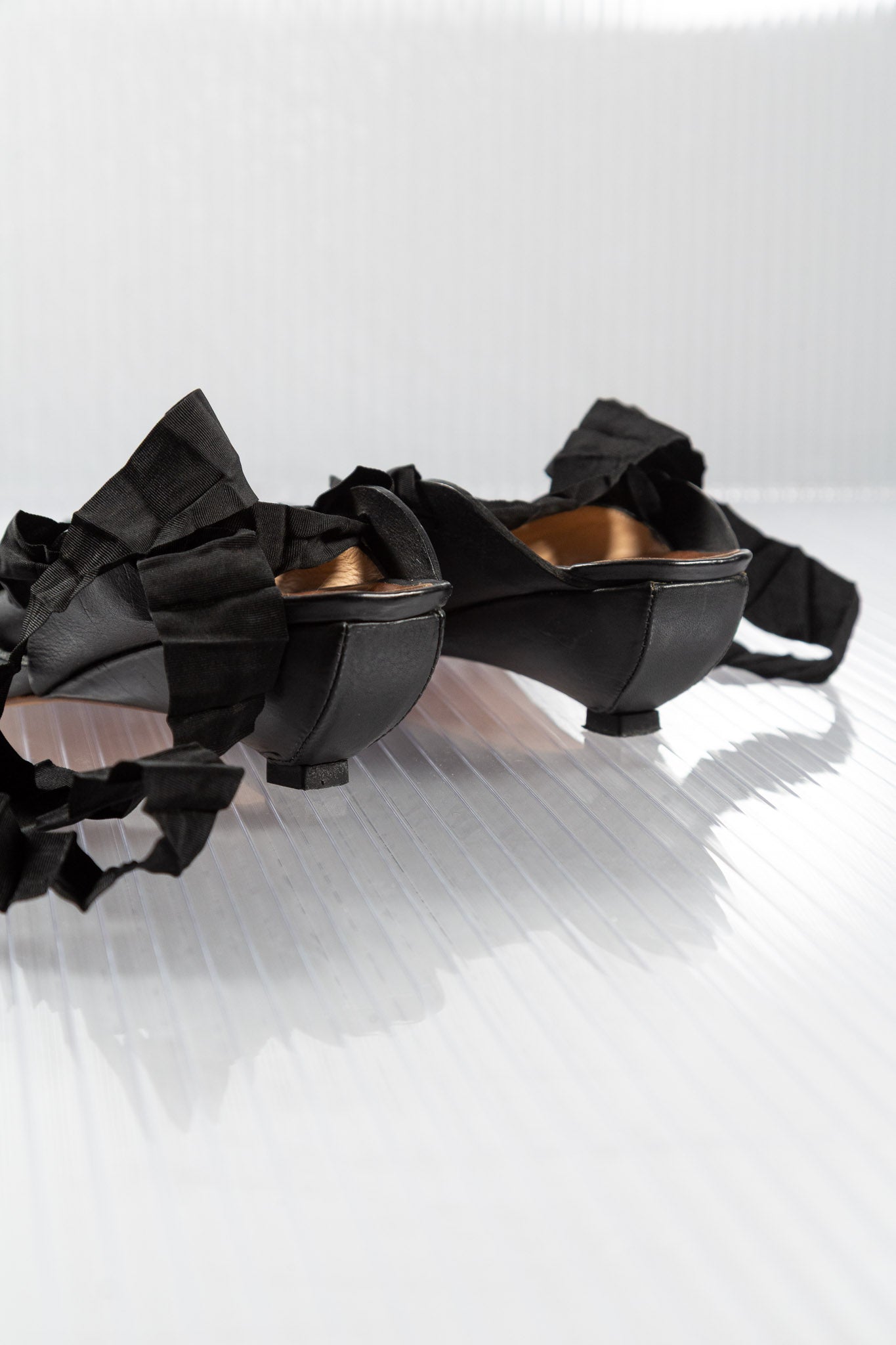 MF+G PLEATED LACED LEATHER POINTY HEELS
