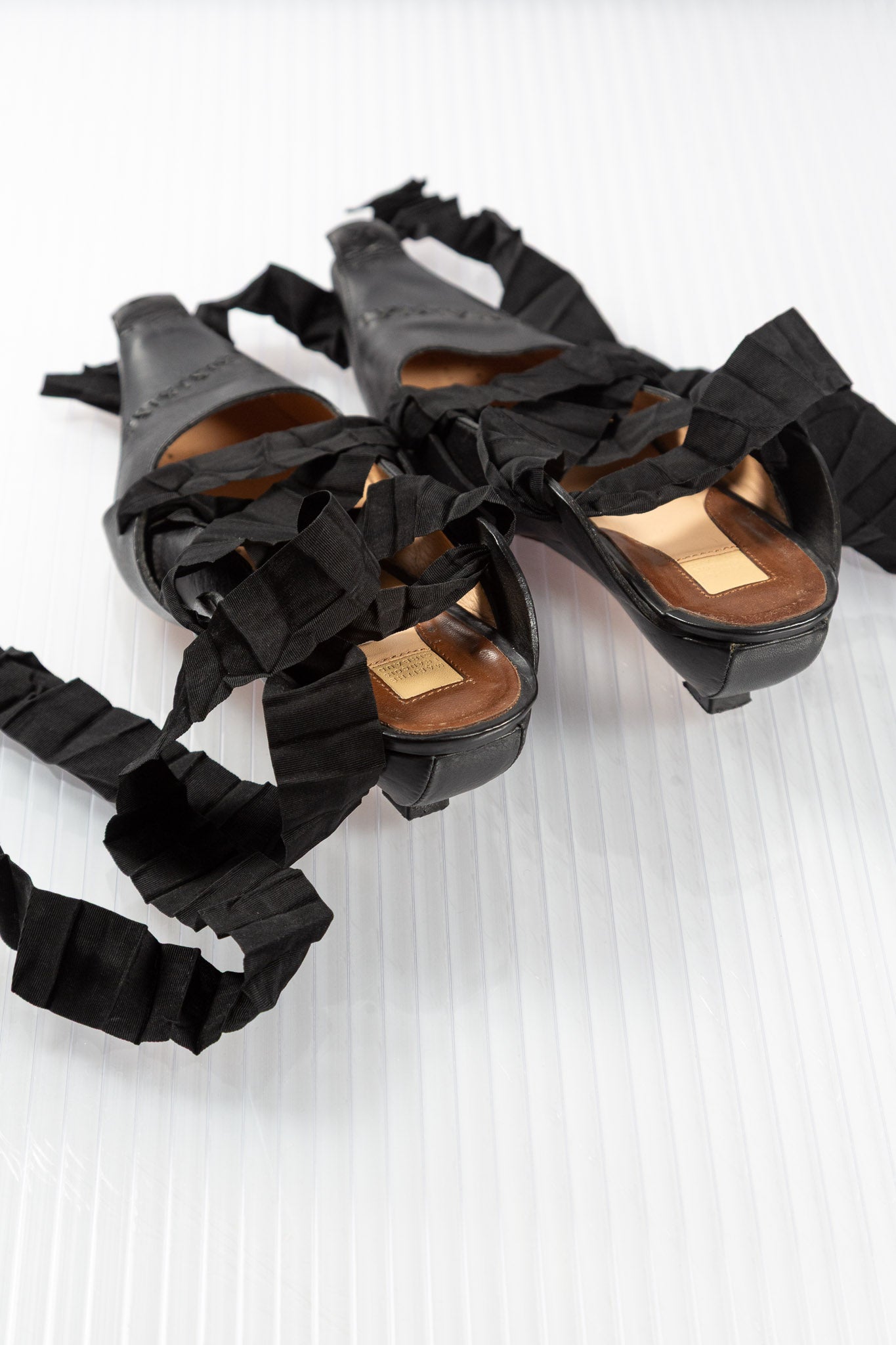 MF+G PLEATED LACED LEATHER POINTY HEELS