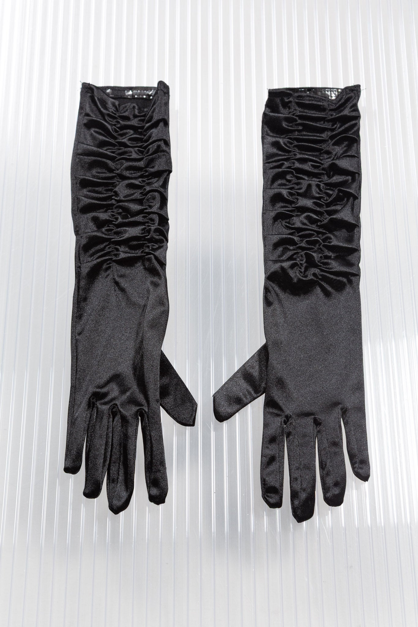 BLACK SATIN RUCHED GLOVES