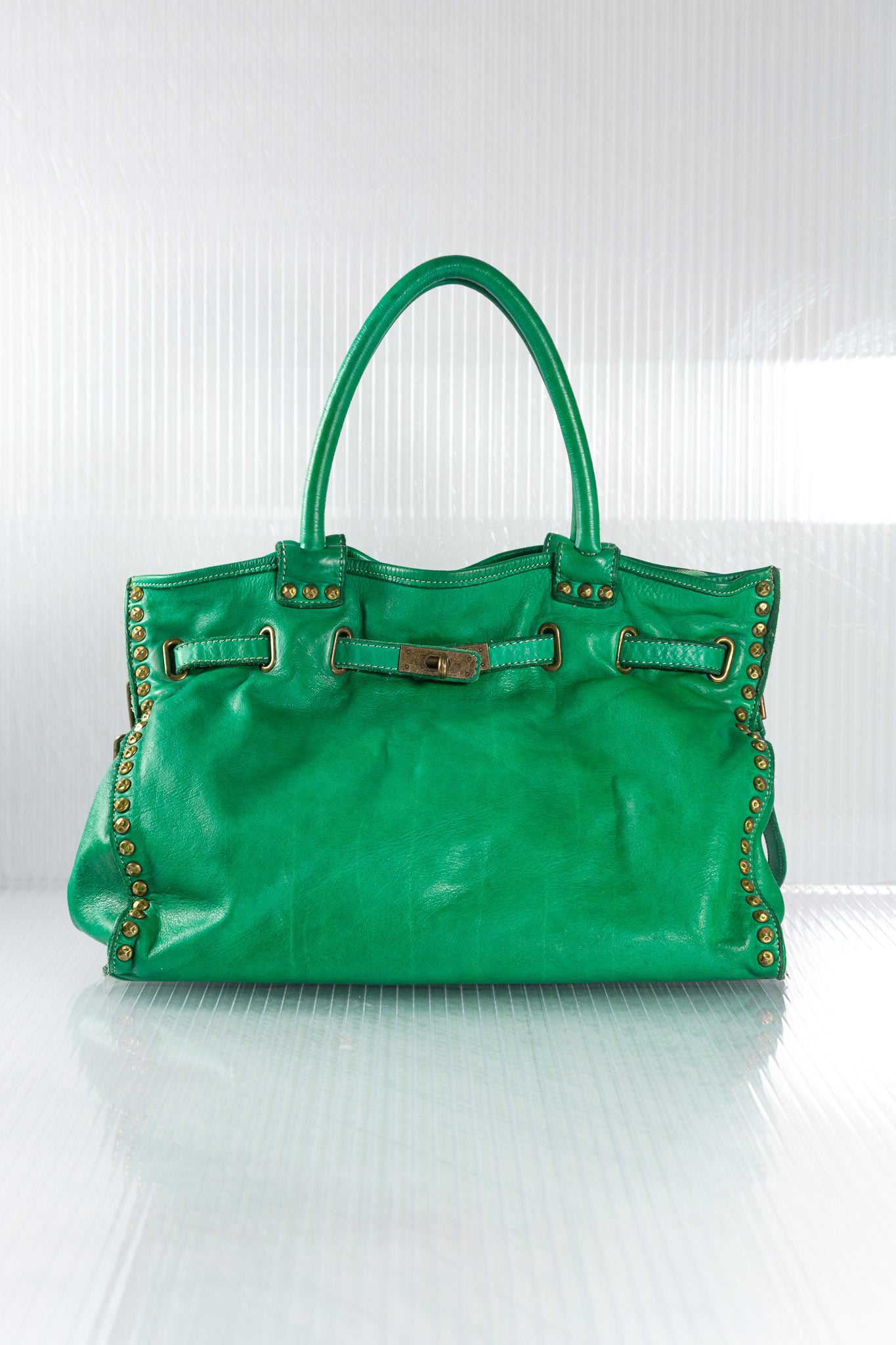 GREEN STUDDED FIRKIN LEATHER HANDBAG