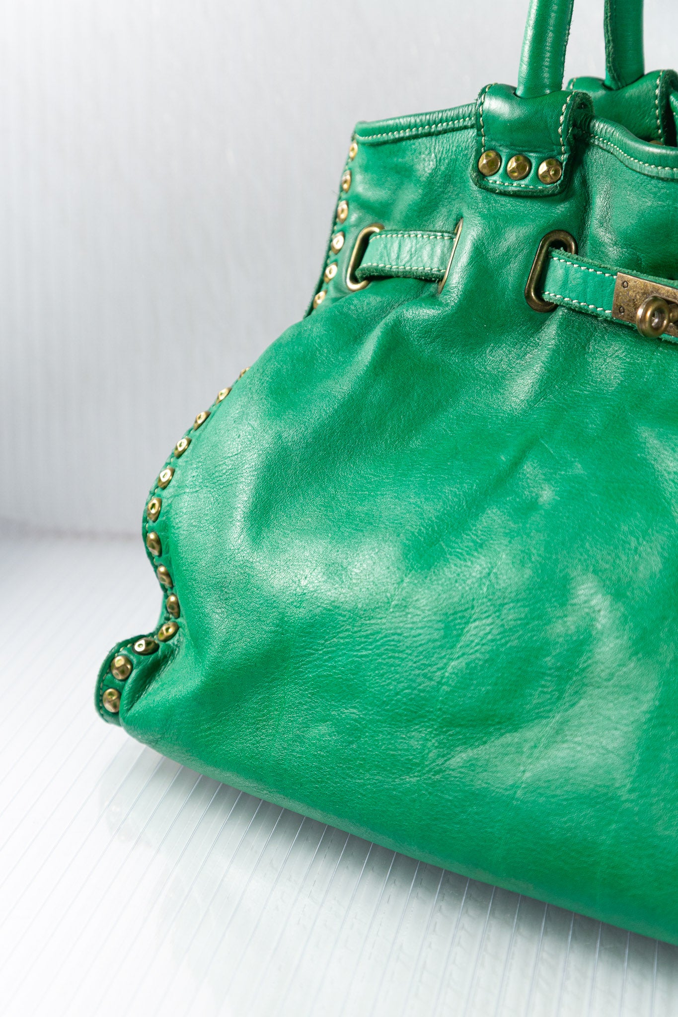 GREEN STUDDED FIRKIN LEATHER HANDBAG