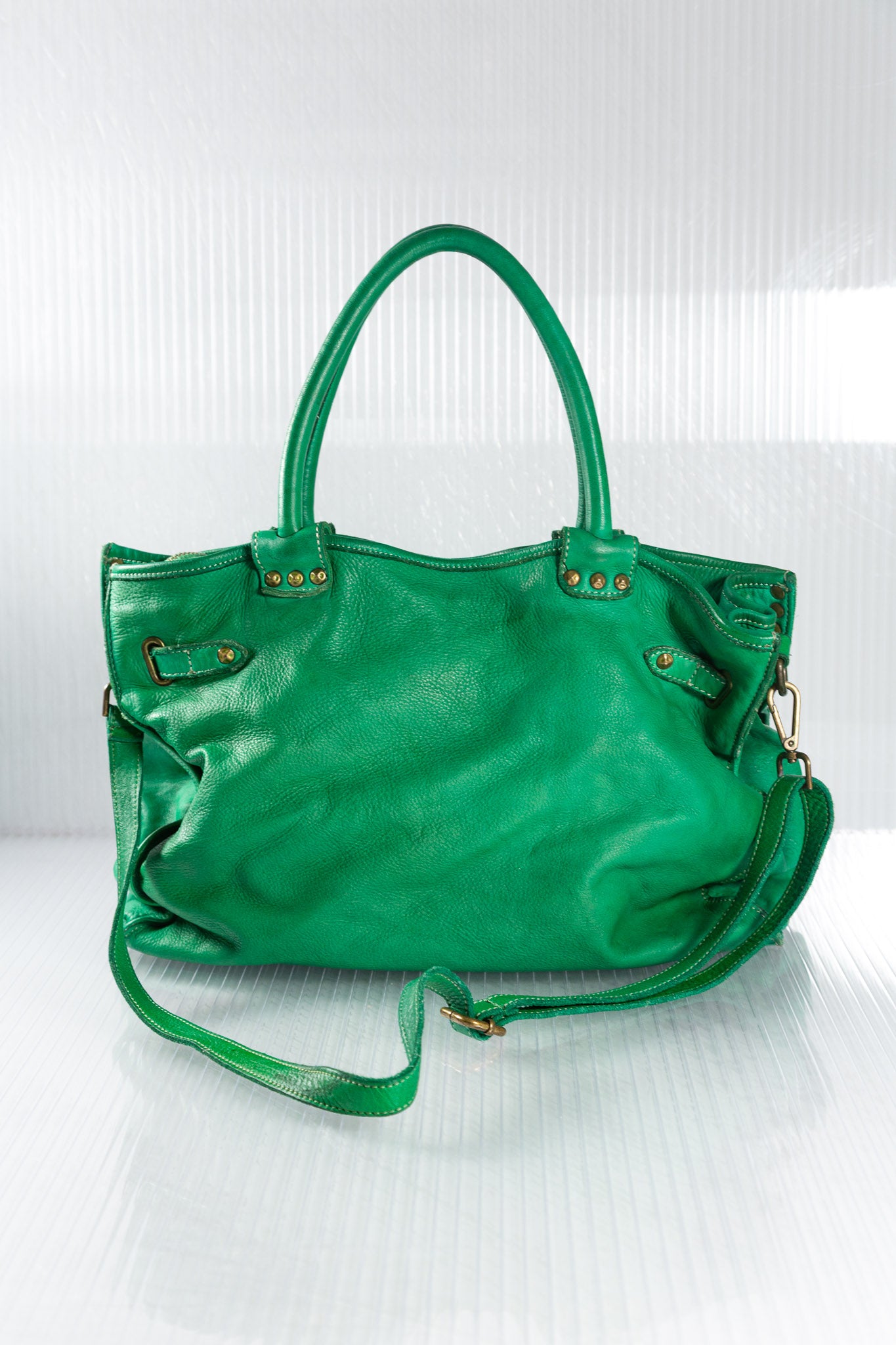 GREEN STUDDED FIRKIN LEATHER HANDBAG