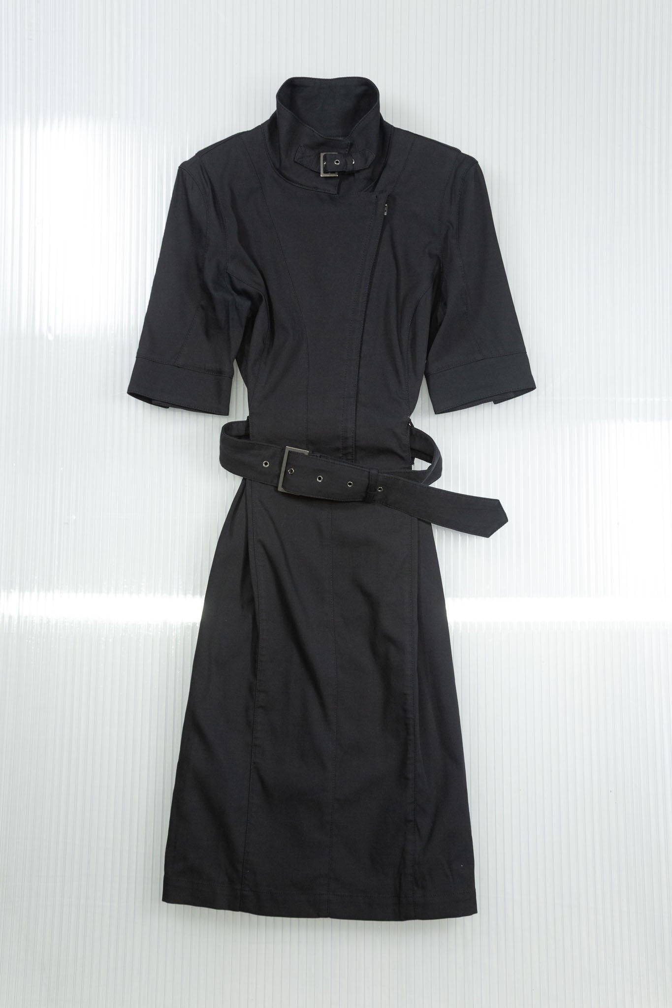 BLACK BELTED HIGH NECK MIDI DRESS