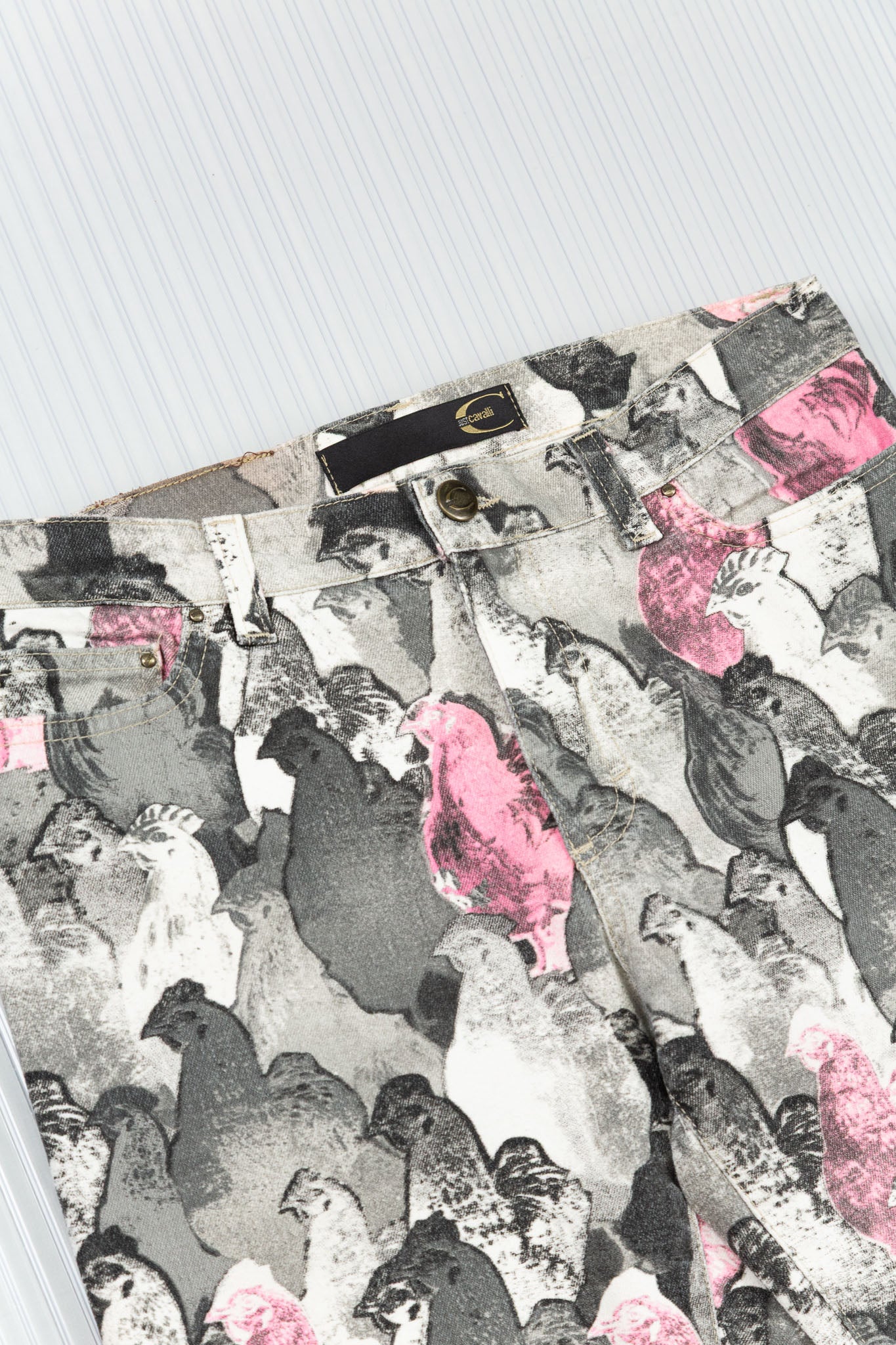 ROBERTO CAVALLI PINK & GREY ROOSTER PRINT FLARED DENIM