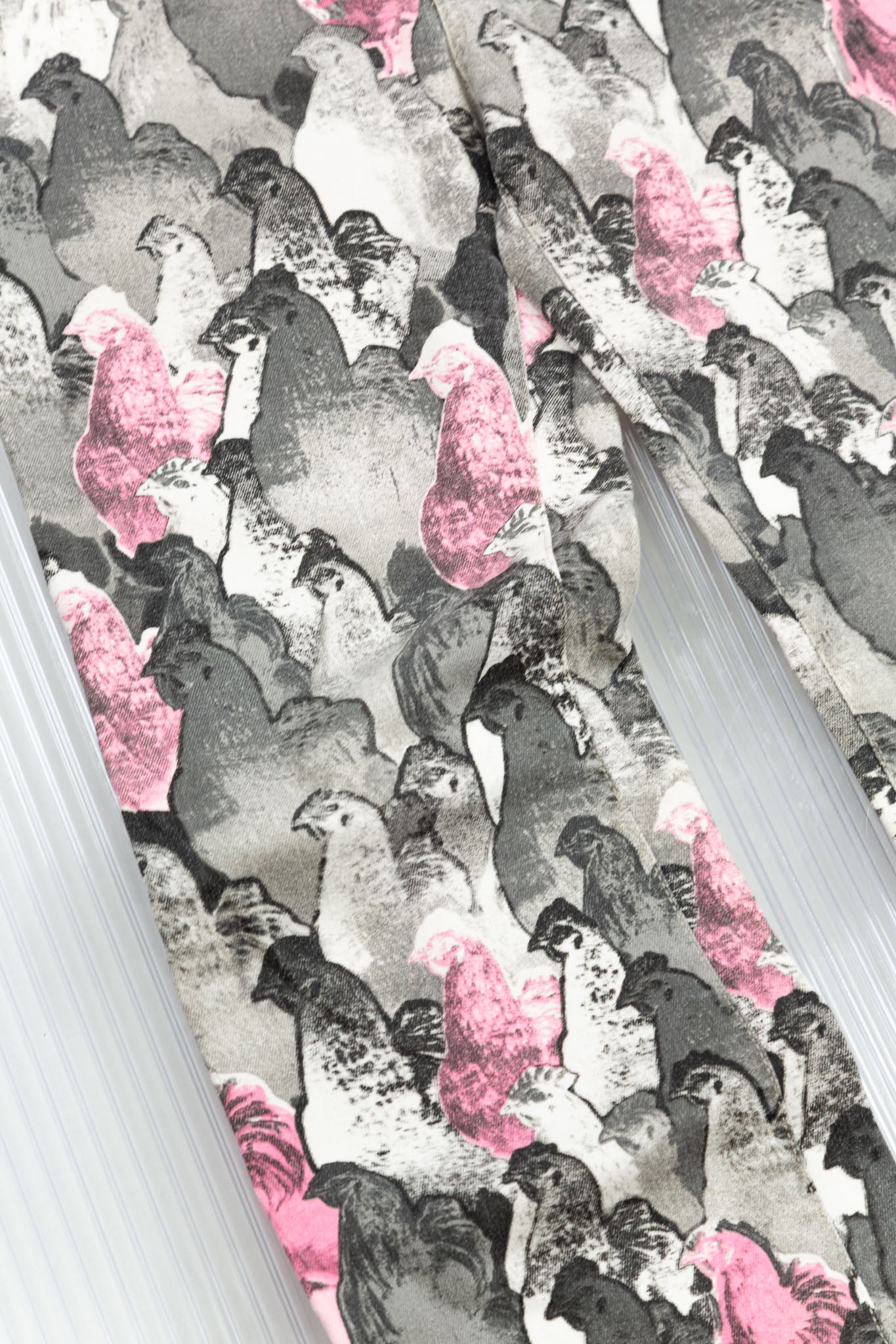 ROBERTO CAVALLI PINK & GREY ROOSTER PRINT FLARED DENIM