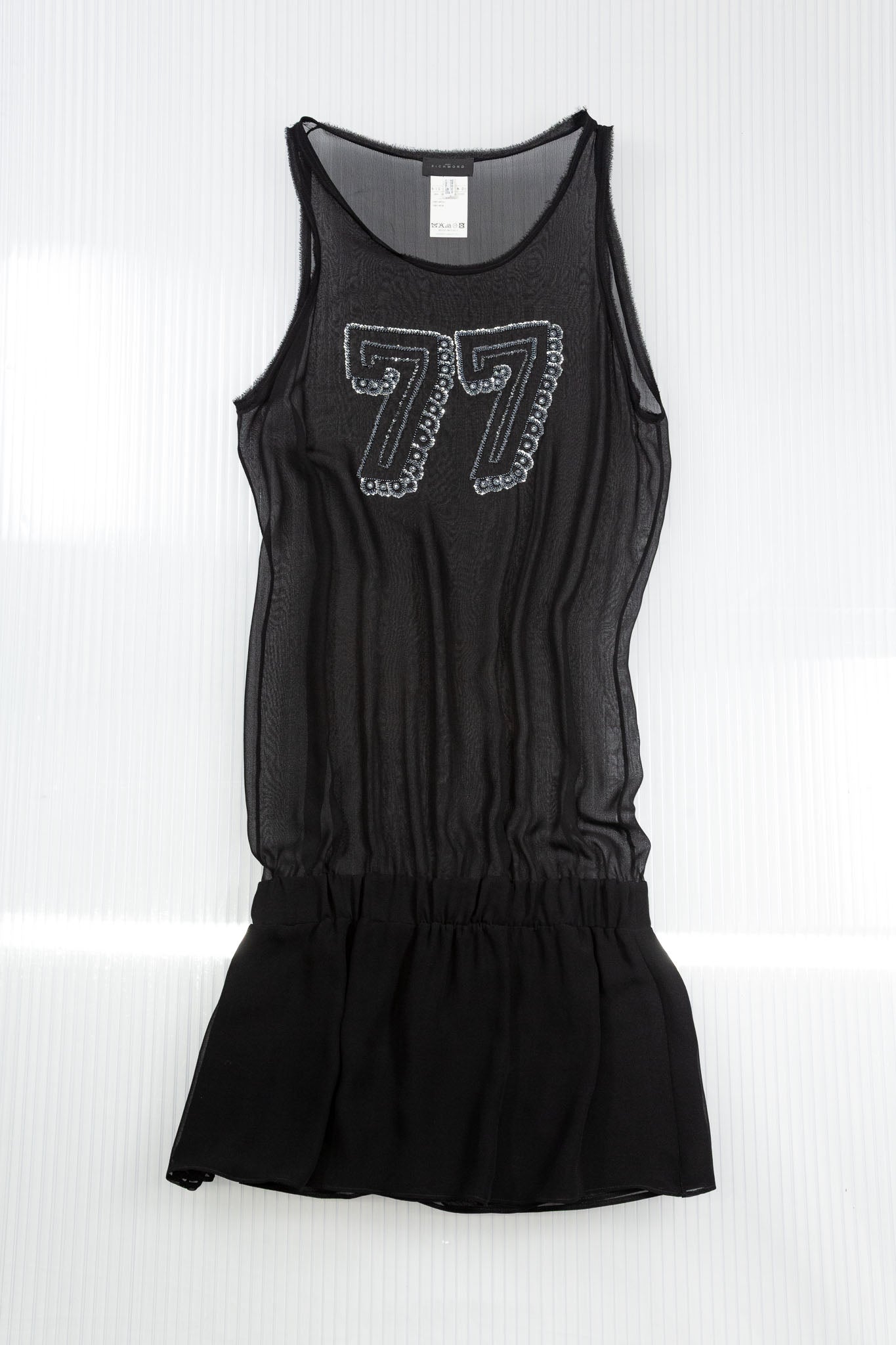 BLACK SILK SHEER '77' EMBELLISHED DRESS