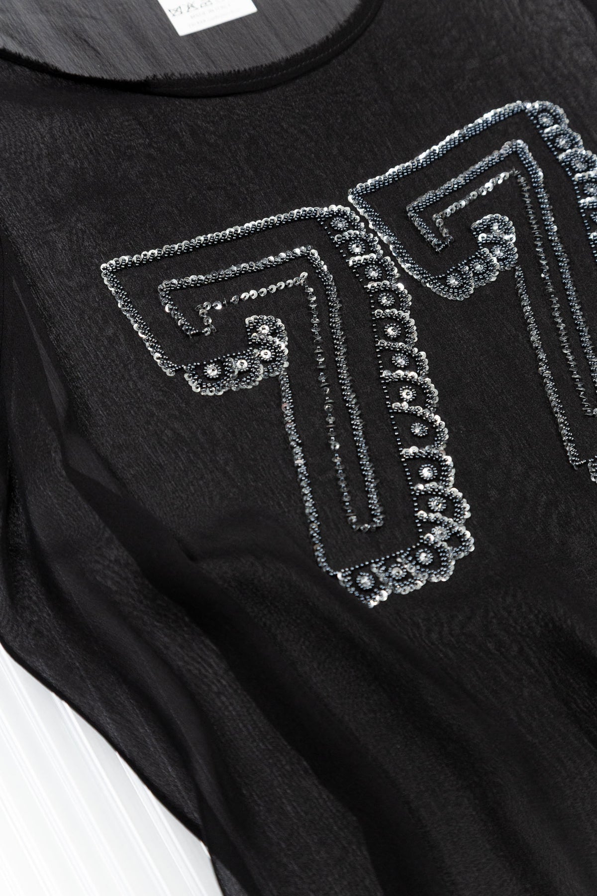 BLACK SILK SHEER '77' EMBELLISHED DRESS