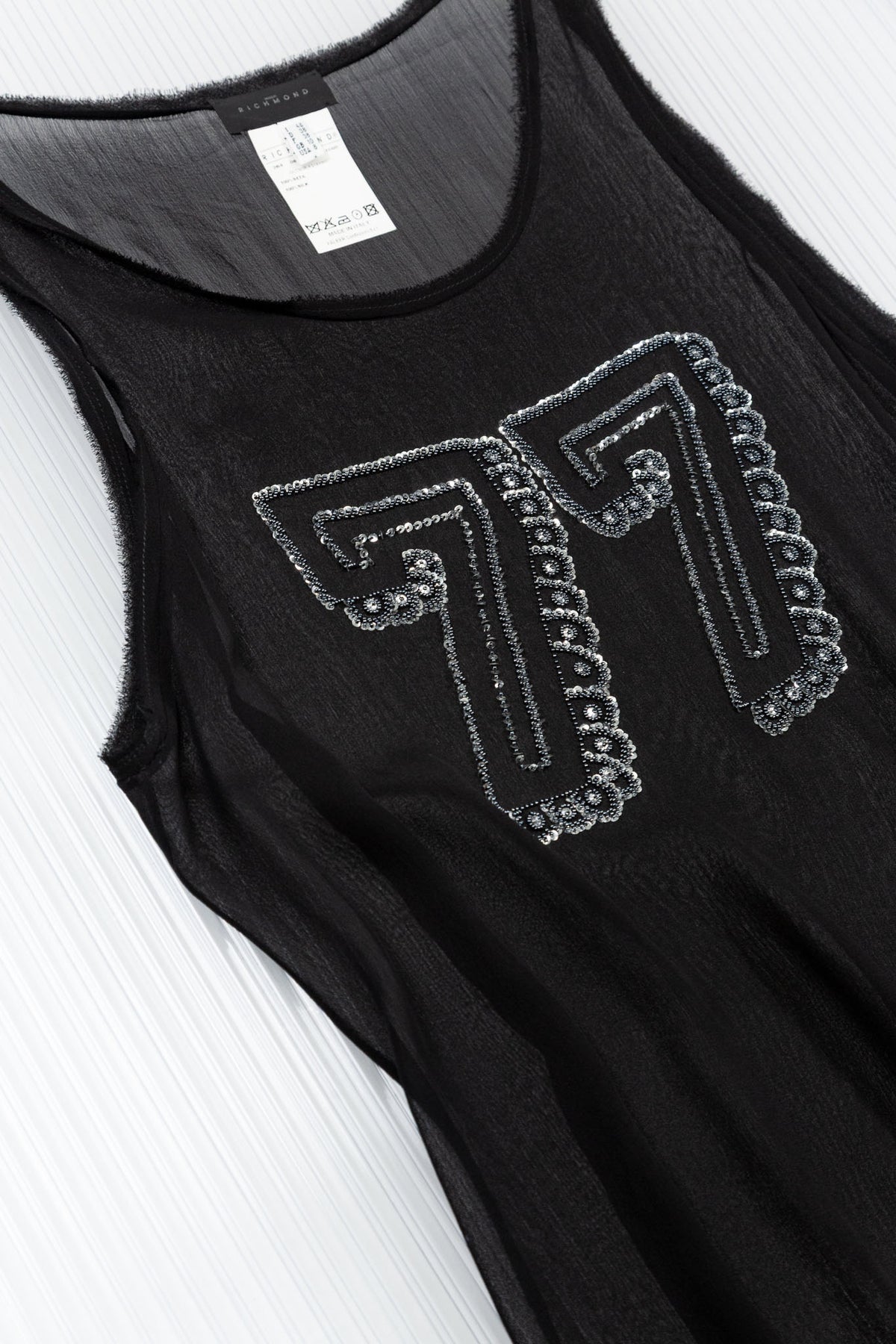BLACK SILK SHEER '77' EMBELLISHED DRESS