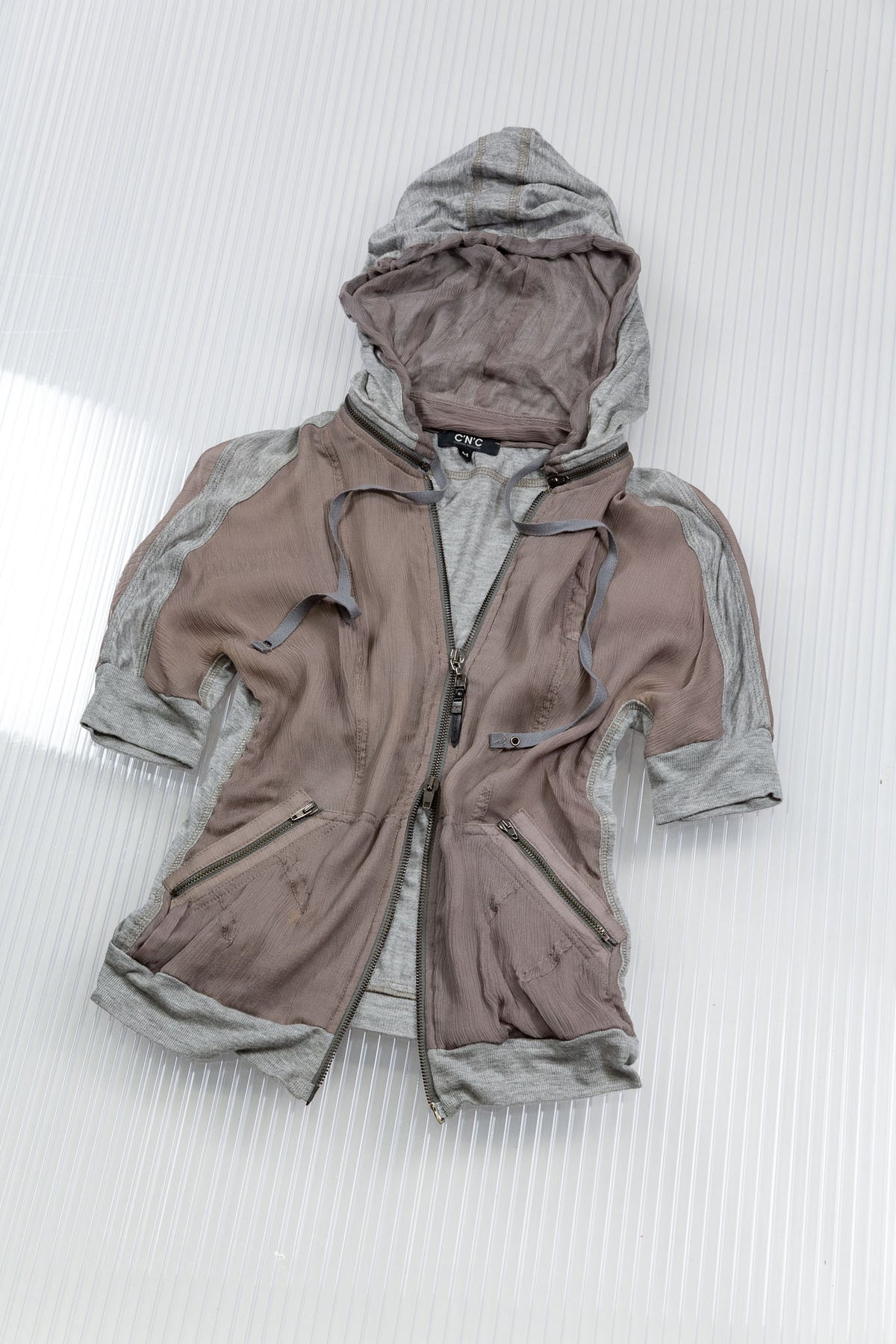 BROWN SHEER SILK ZIPPED HOODED TOP